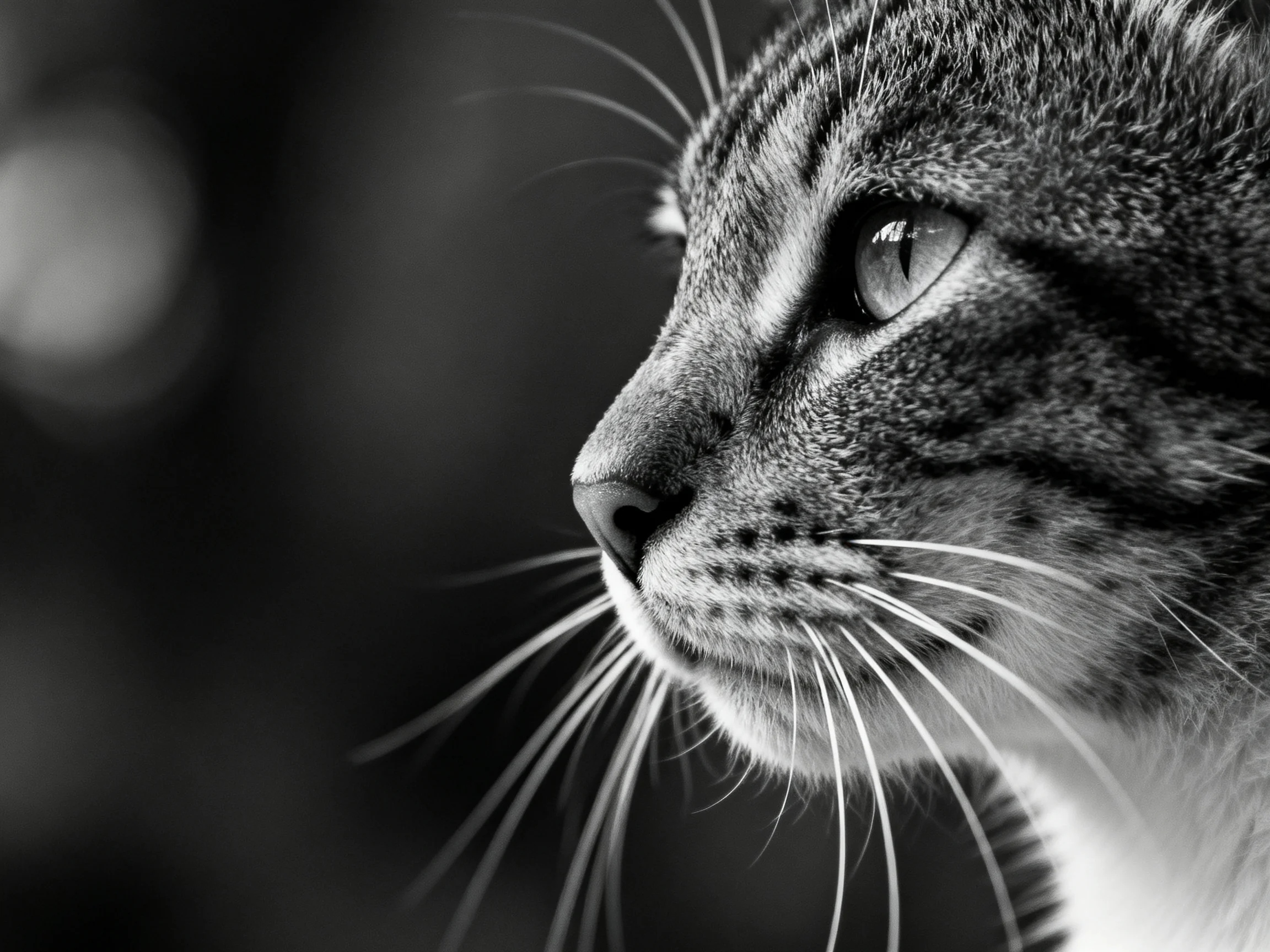 A black - and - white close - up shows a tabby cat’s profile with striking detail.