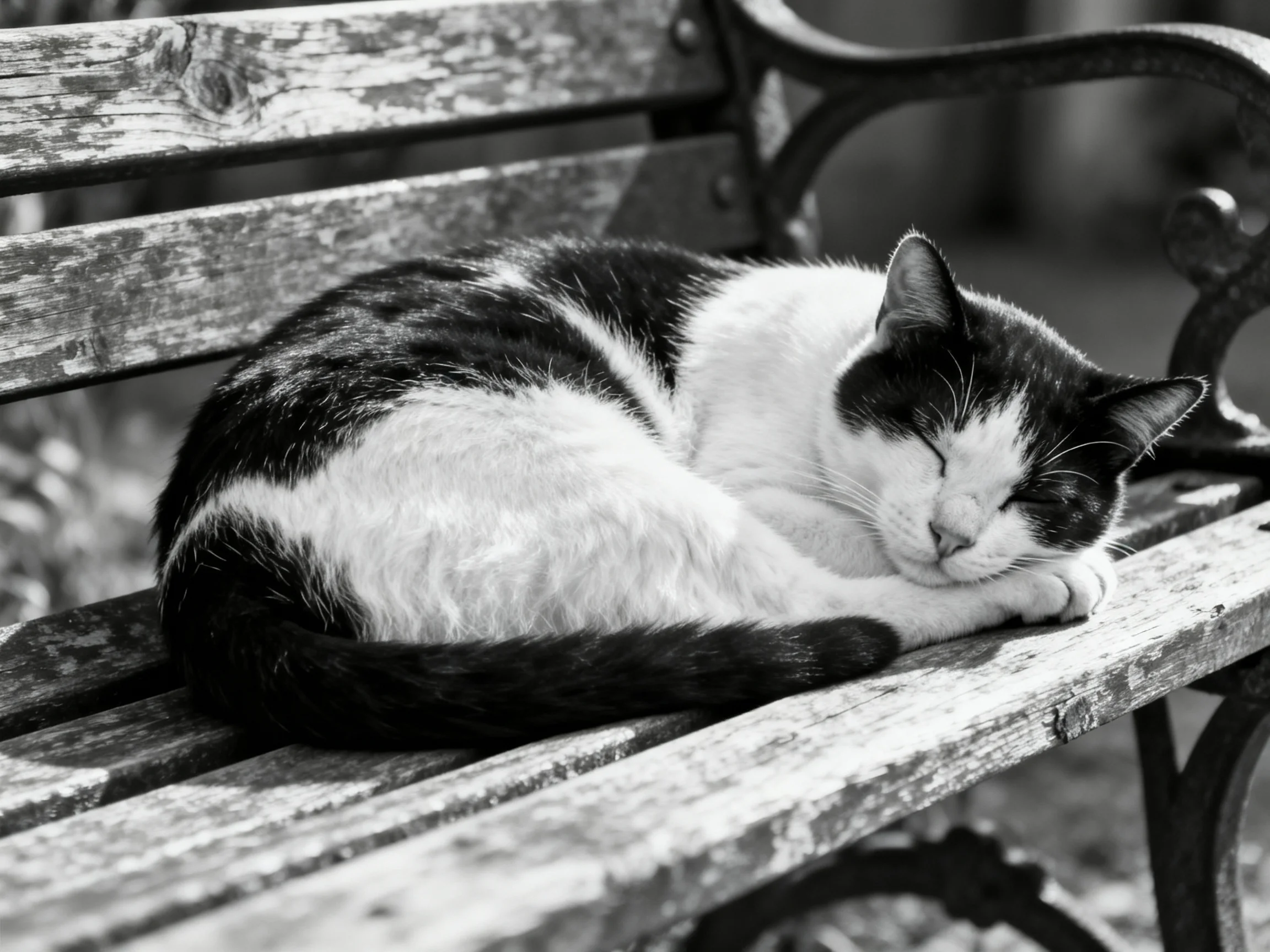 Black --white cat resting on aged wooden park bench