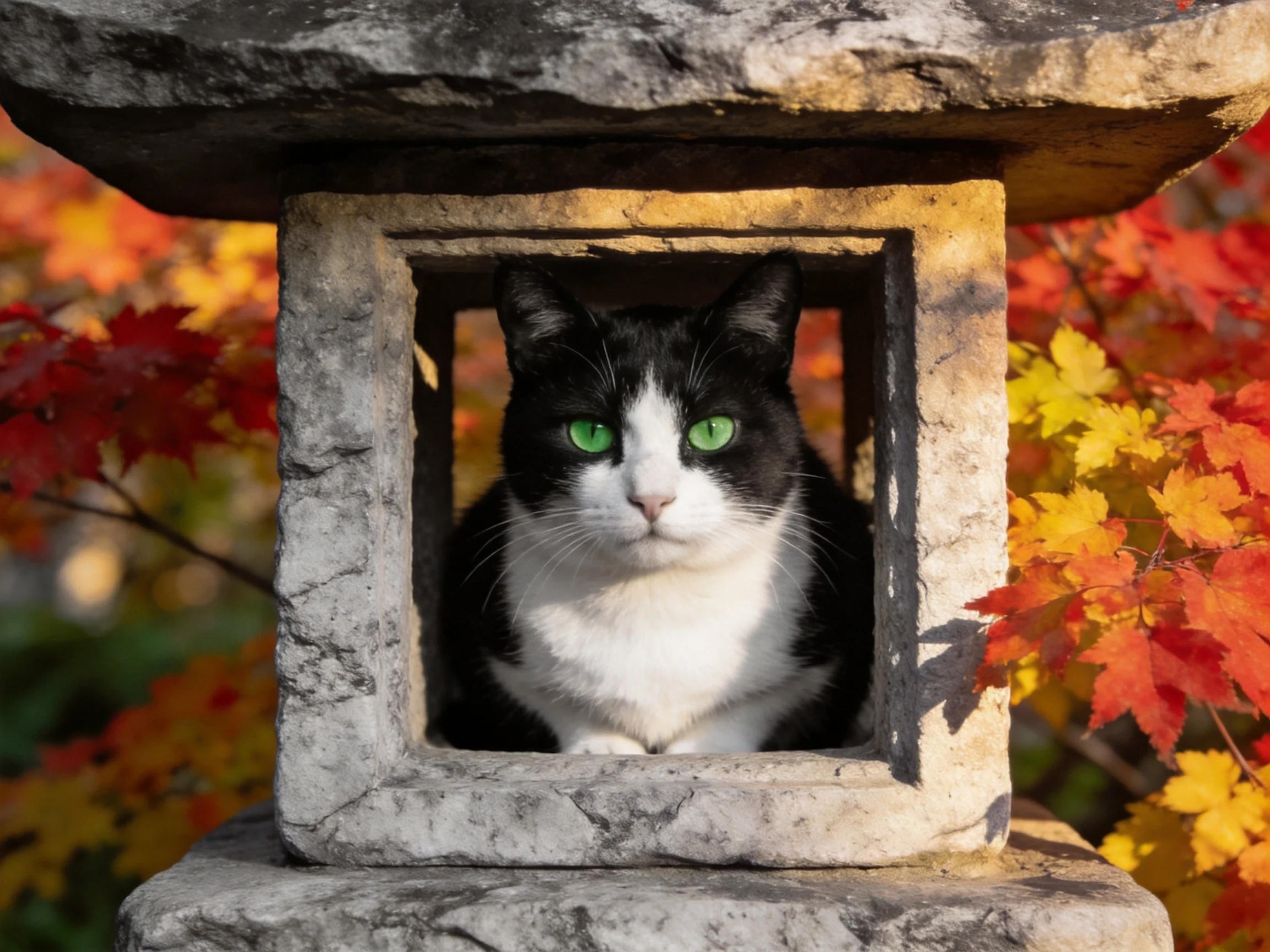 Black-and-white cat inside weathered stone lantern with autumn leaves