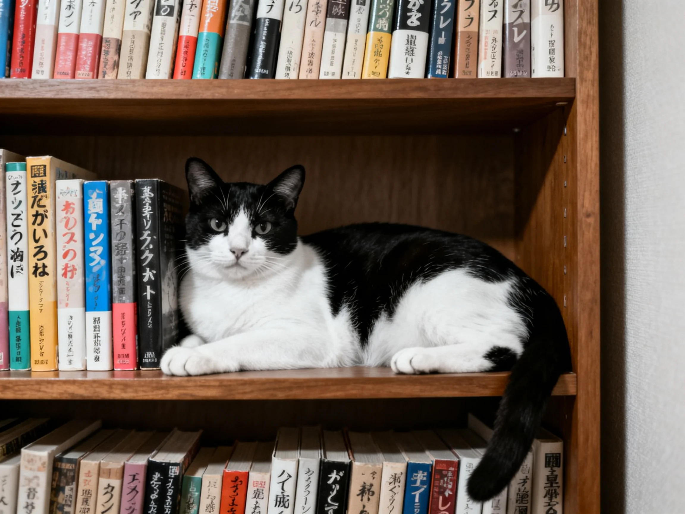 Black and white cat lounging among colorful books on wooden shelves