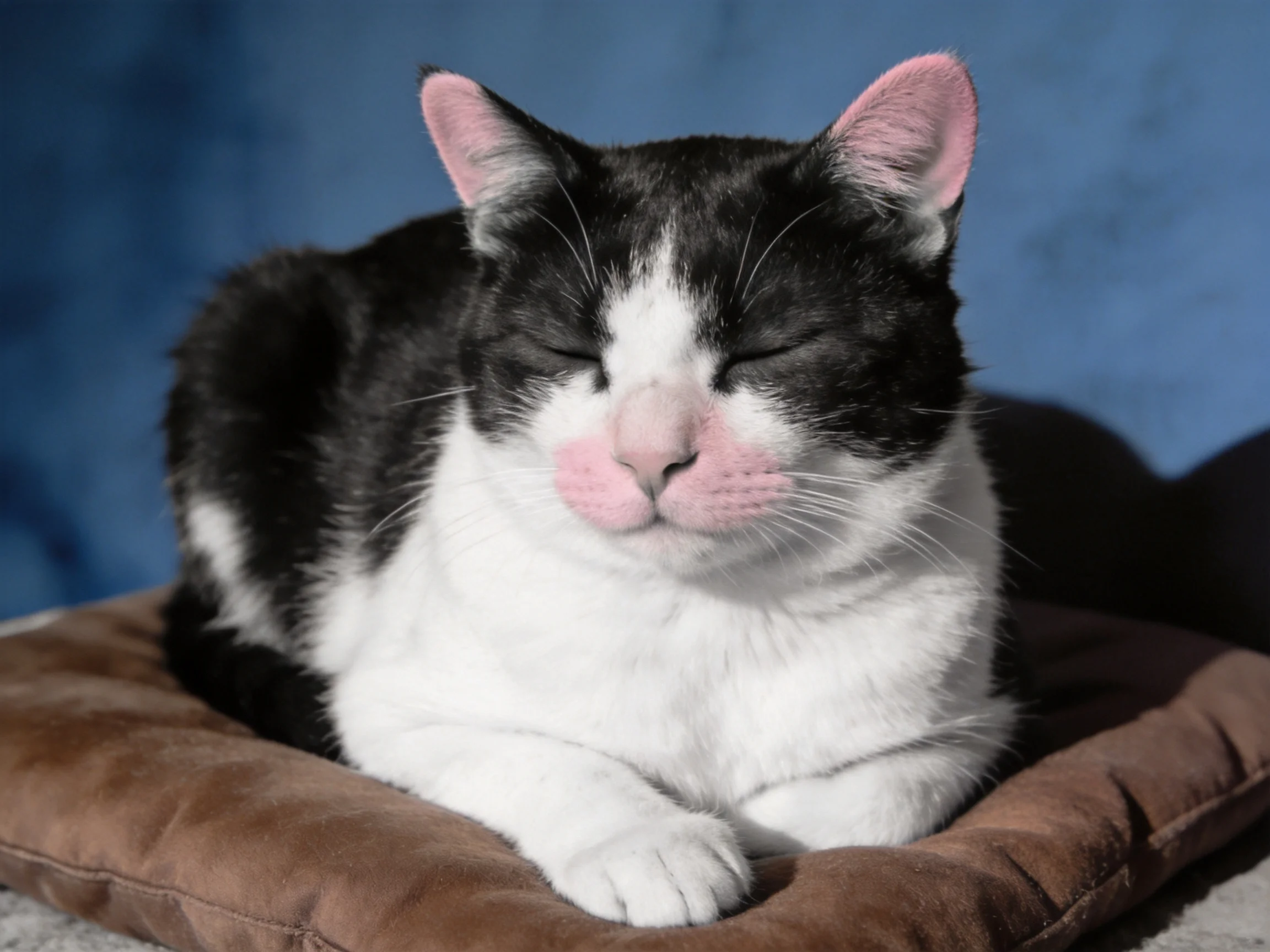 A black-and-white cat rests on a brown cushion with closed eyes.