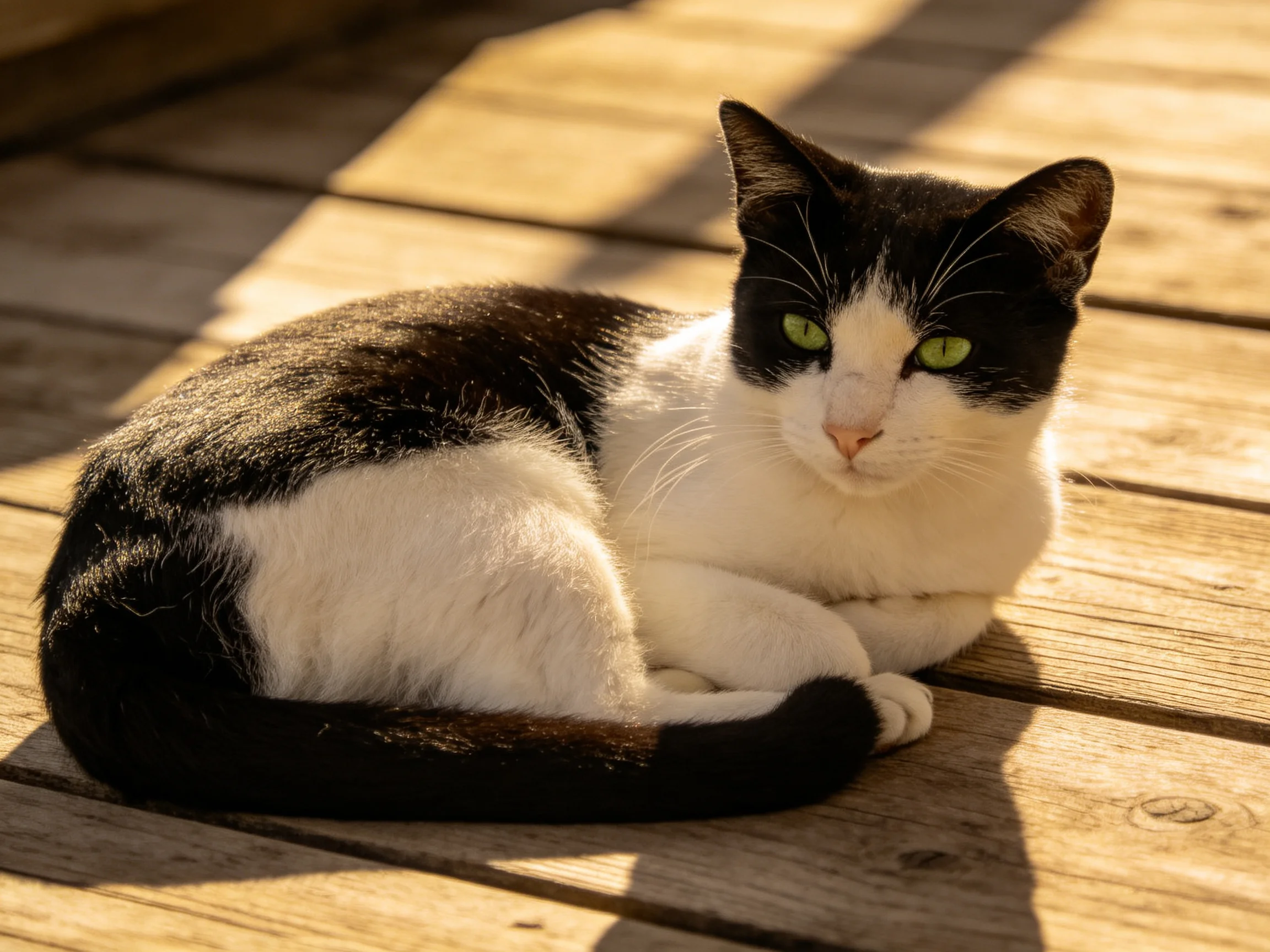 A black-and-white cat relaxes on a sunlit wooden surface.