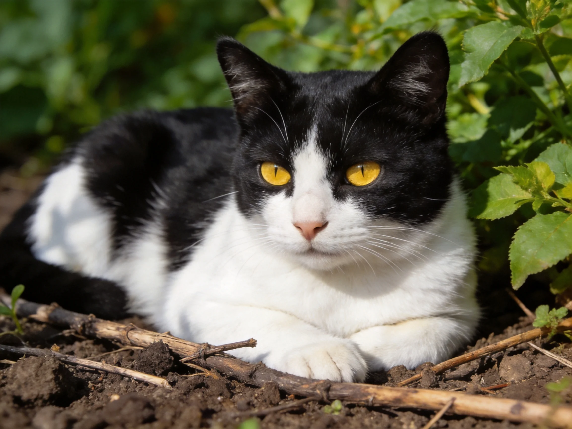 A black and white cat relaxes on dirt with green plants nearby.