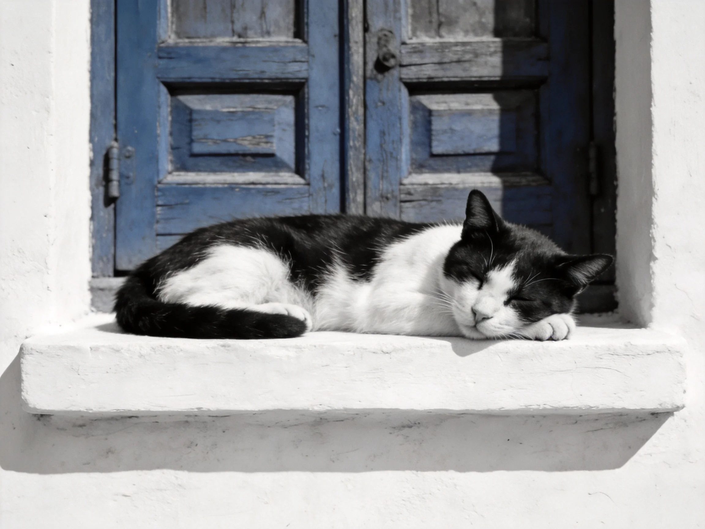 A black and white cat rests on a white windowsill near blue doors.