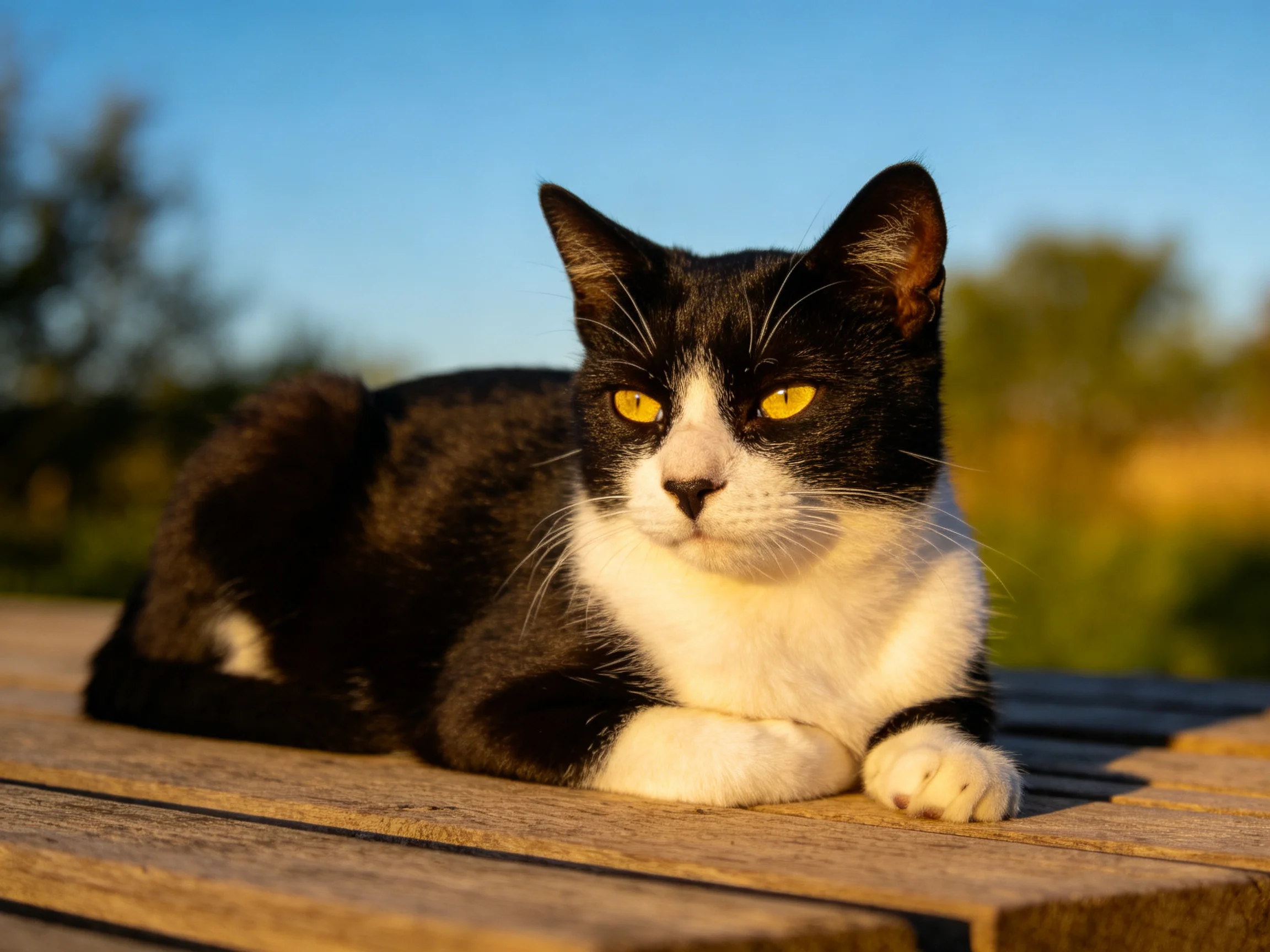A black andwhite cat relaxes on wood in a sunny outdoor location.