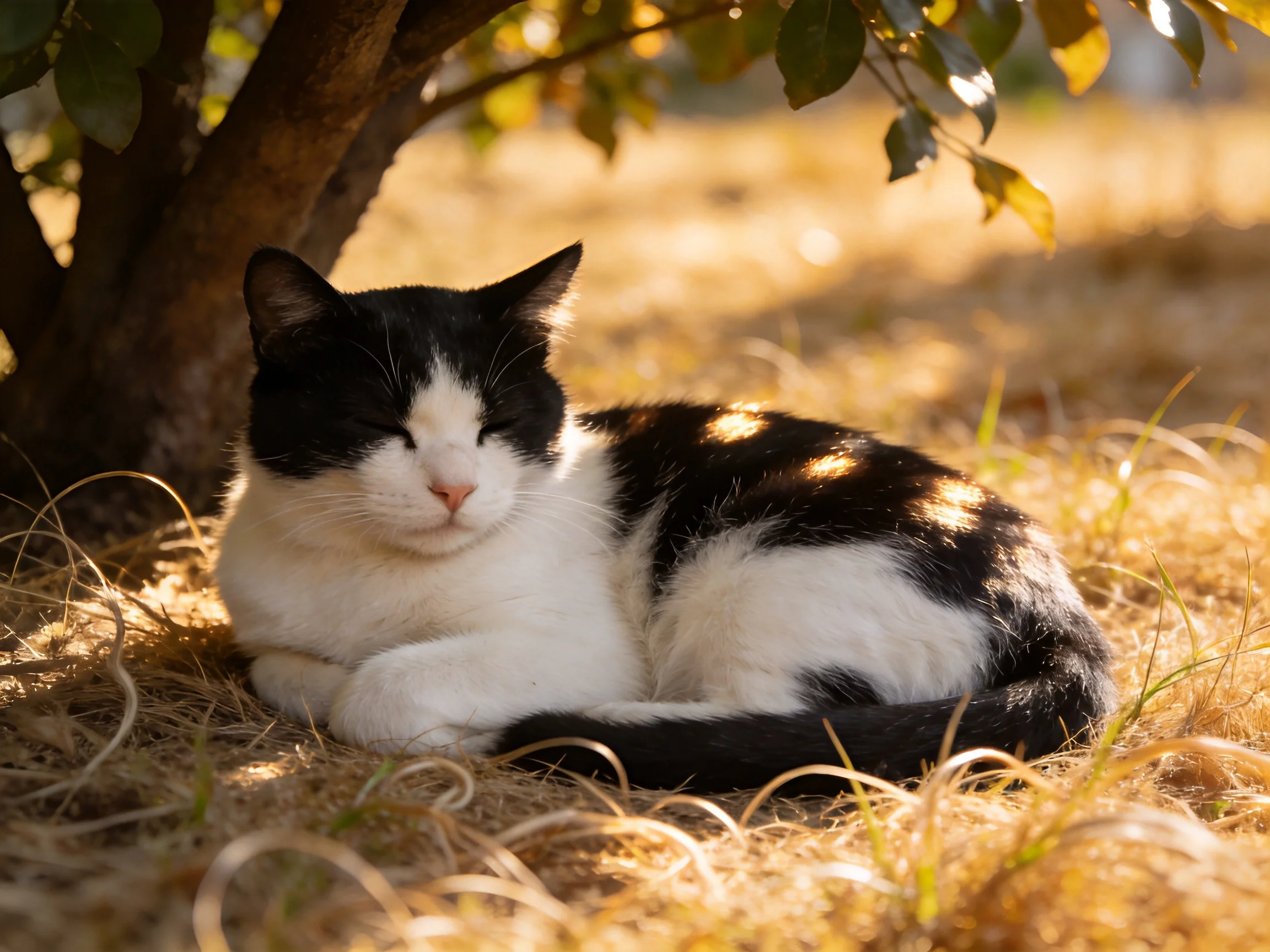 A black-and-white cat relaxes under a tree in a sunlit environment.