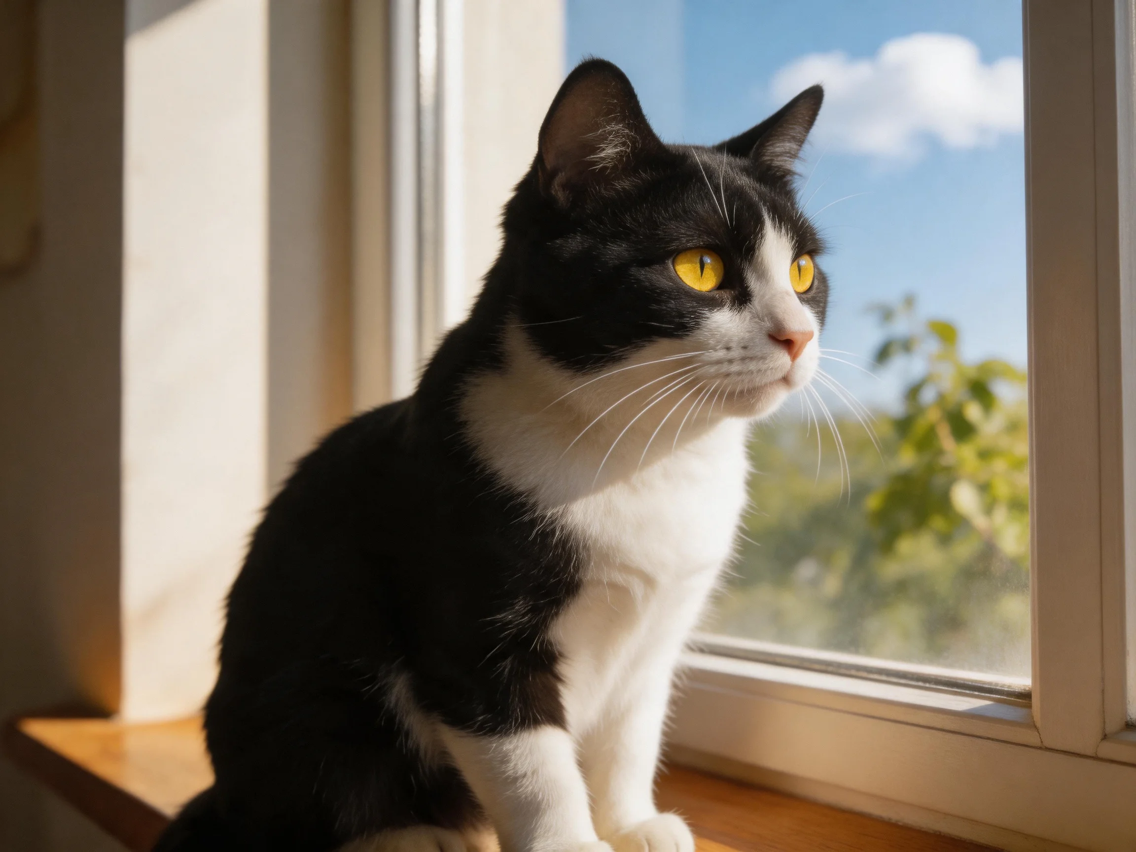 Black and white cat sits on wooden windowsill by open window with sunny sky