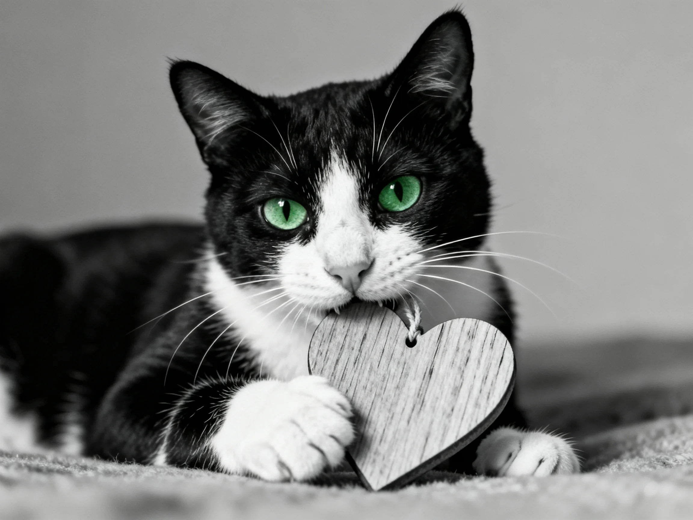 A black and white cat with green eyes holds a wooden heart in a monochrome setting.