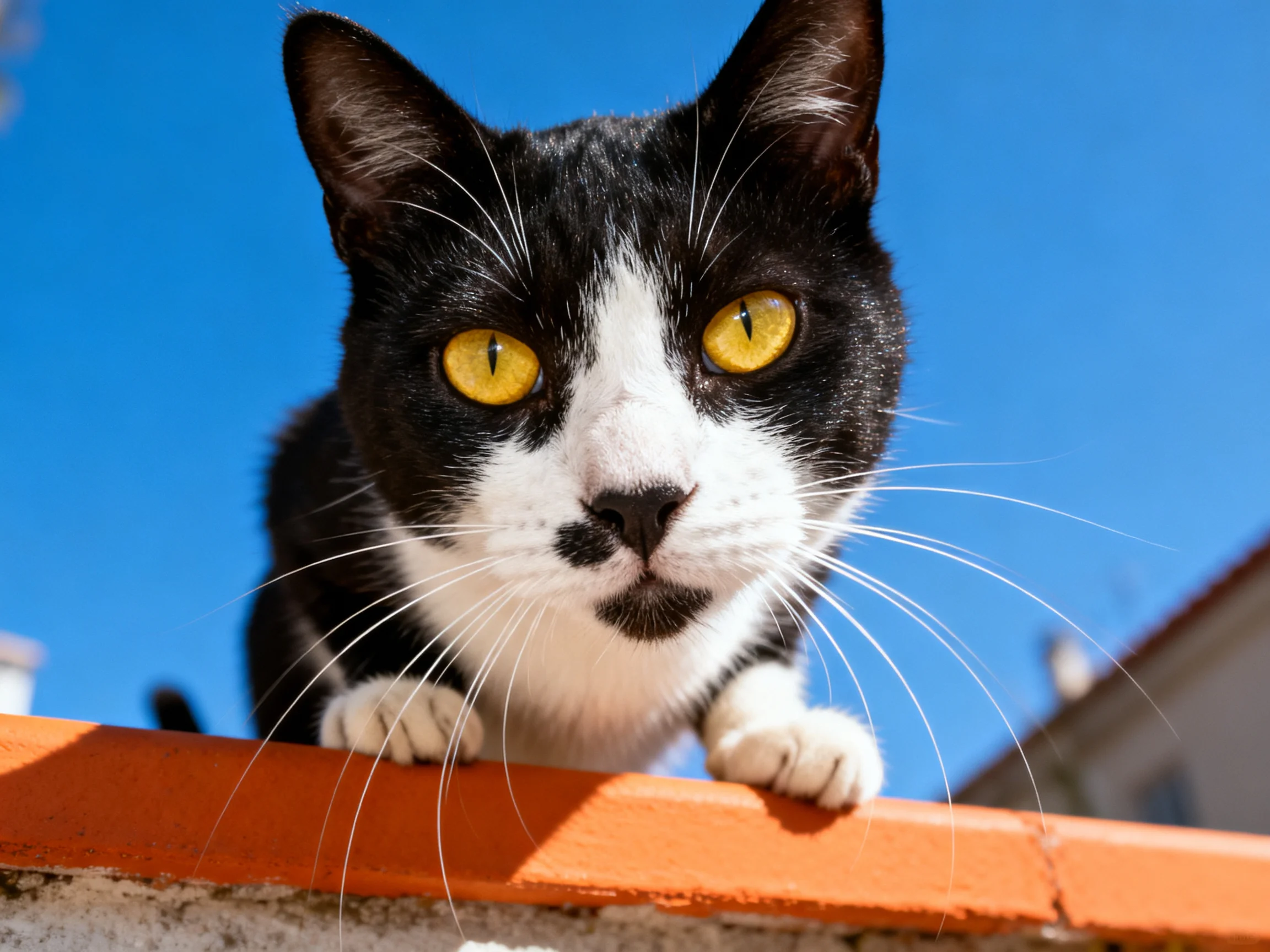Black and white cat with bright yellow eyes on an orange ledge