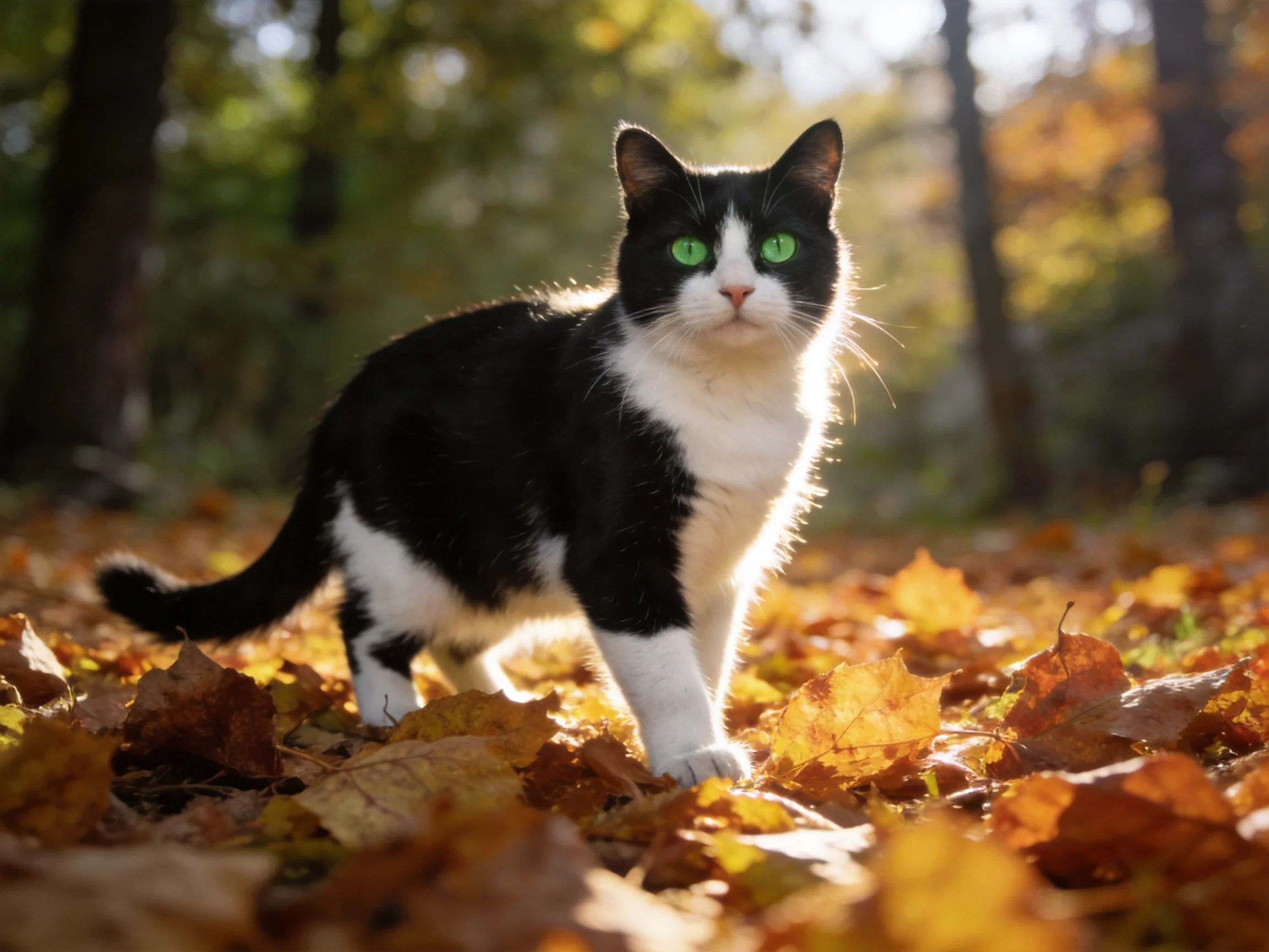 A black-and-white cat with green eyes stands among autumn leaves.