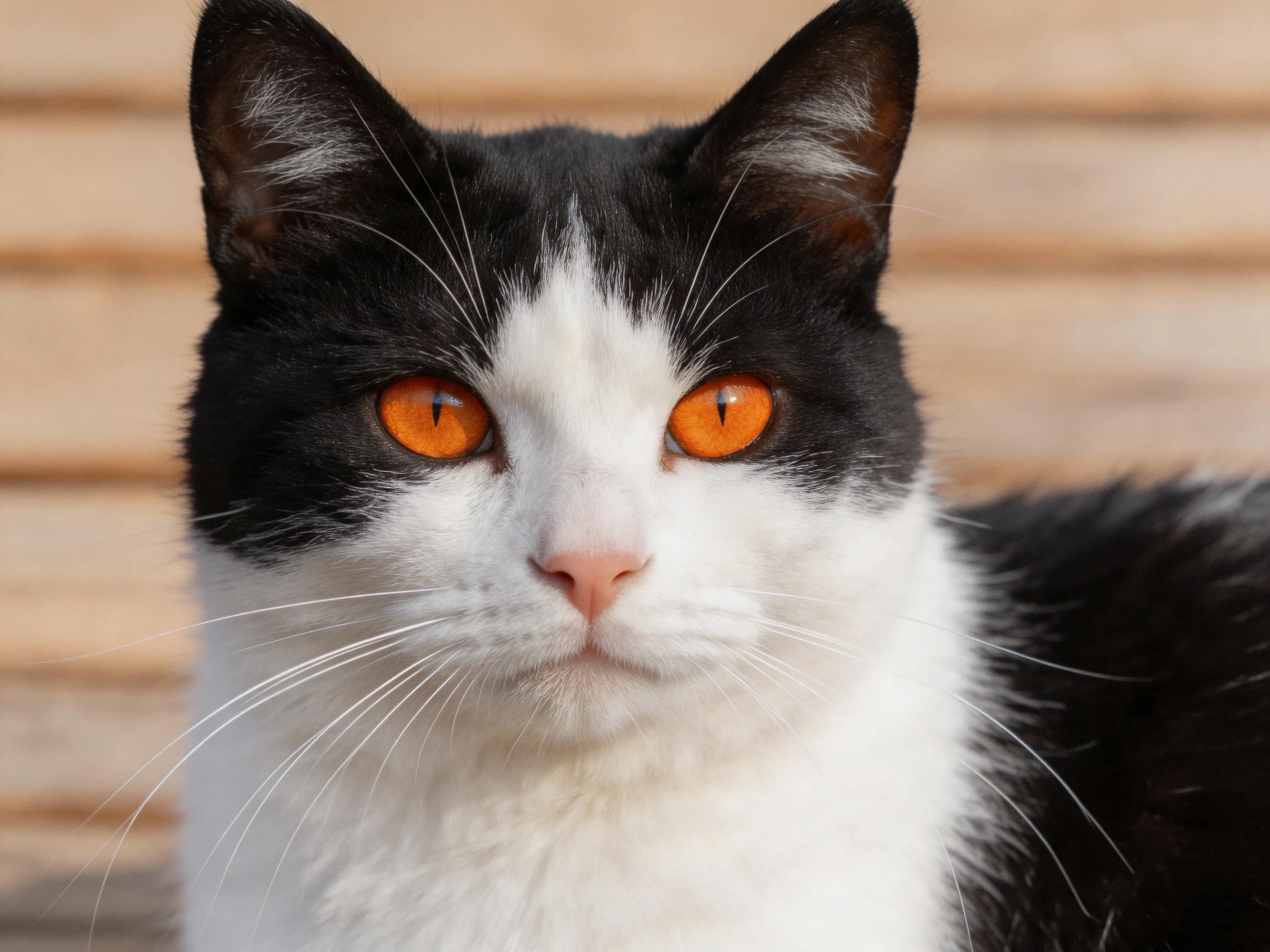 Black and white cat with vibrant orange eyes near wooden siding