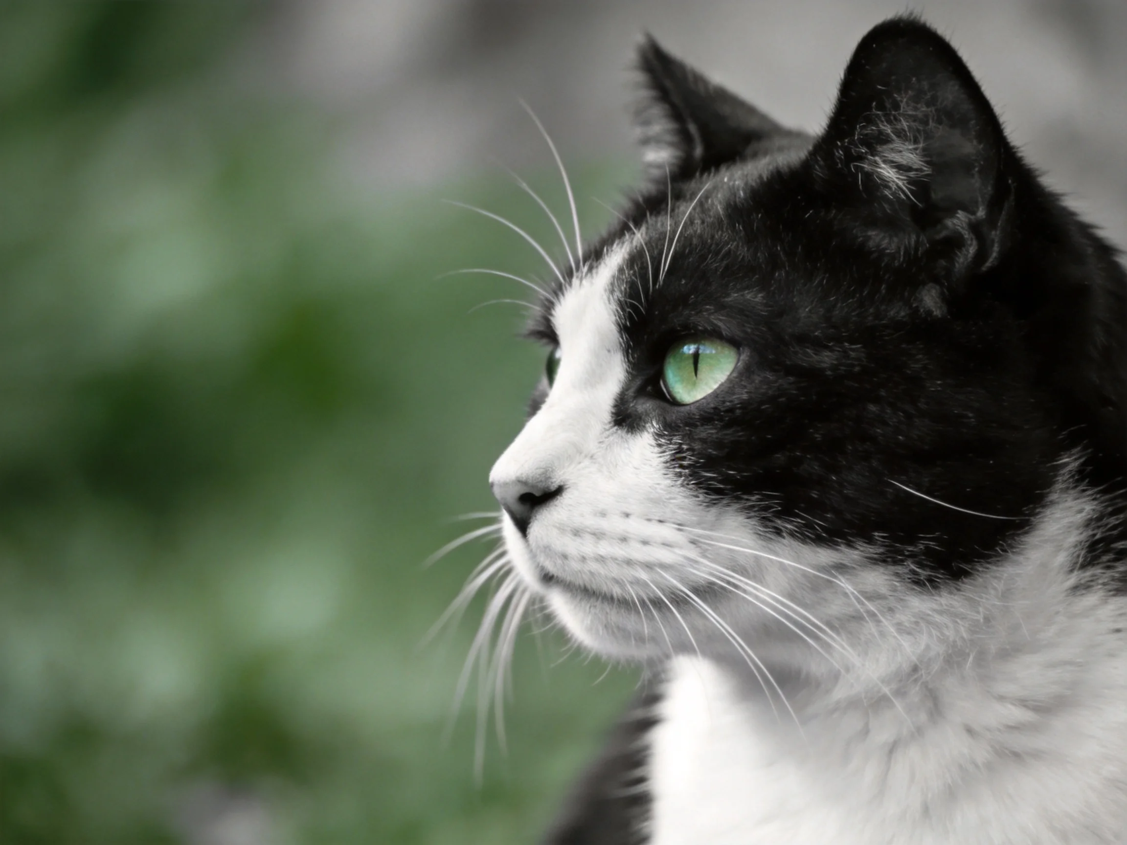 A black and white cat gazes toward the distance amid blurred greenery.