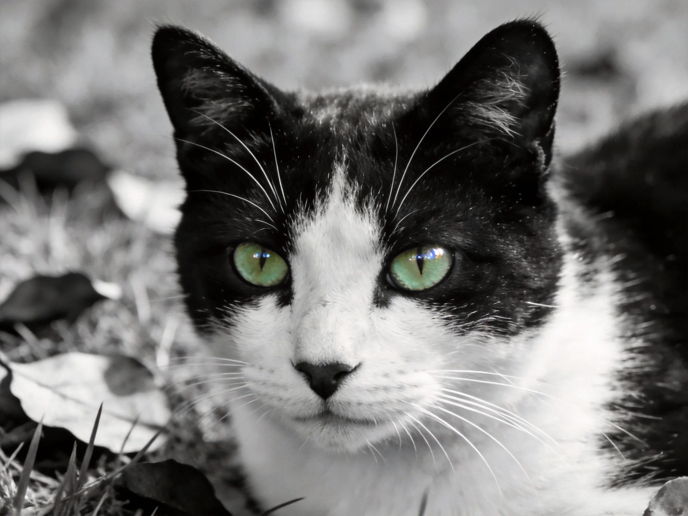 A black-and-white cat with green eyes rests among leaves and grass.