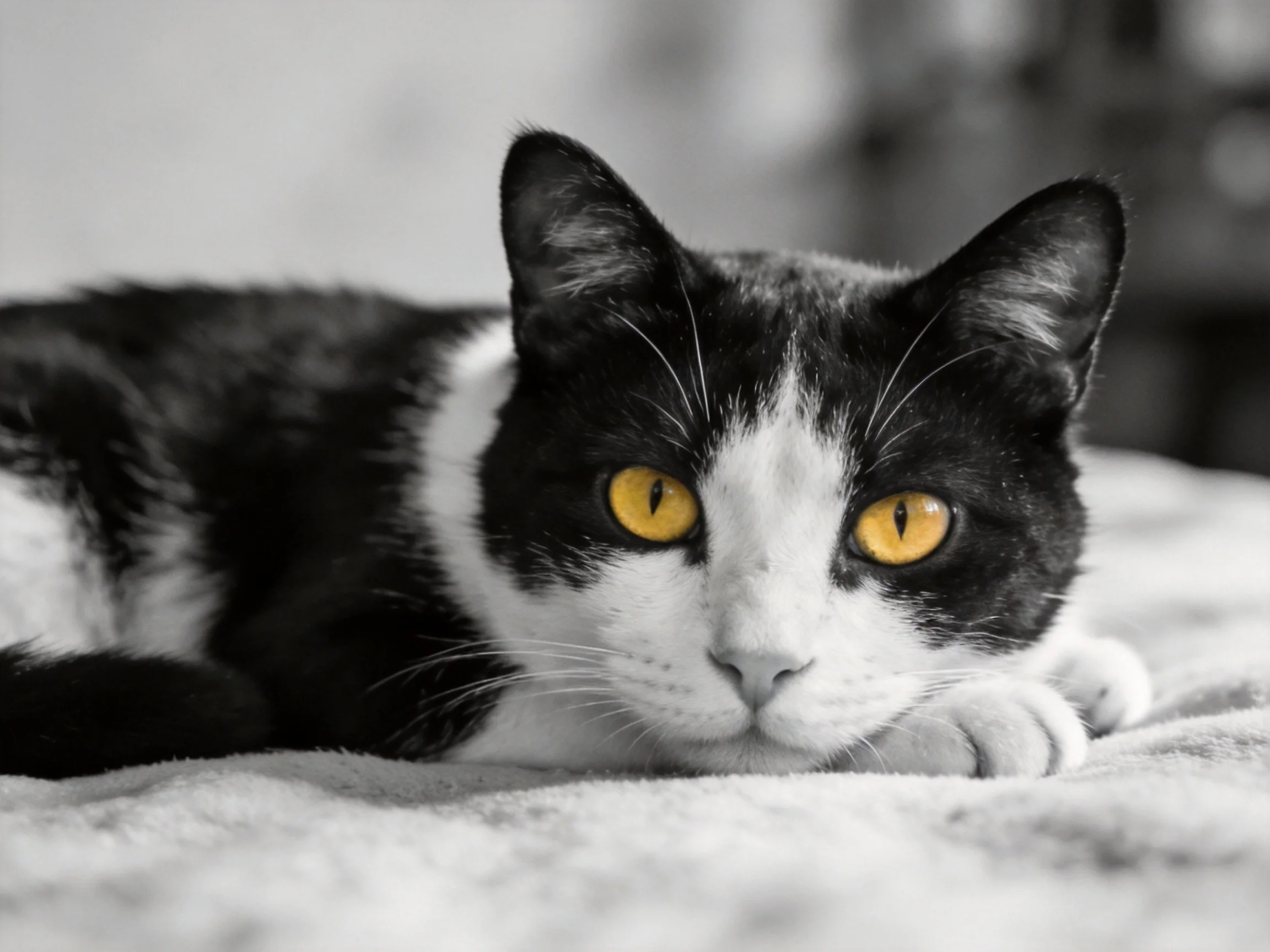 A black and white cat with striking yellow eyes lies on a soft fabric surface.