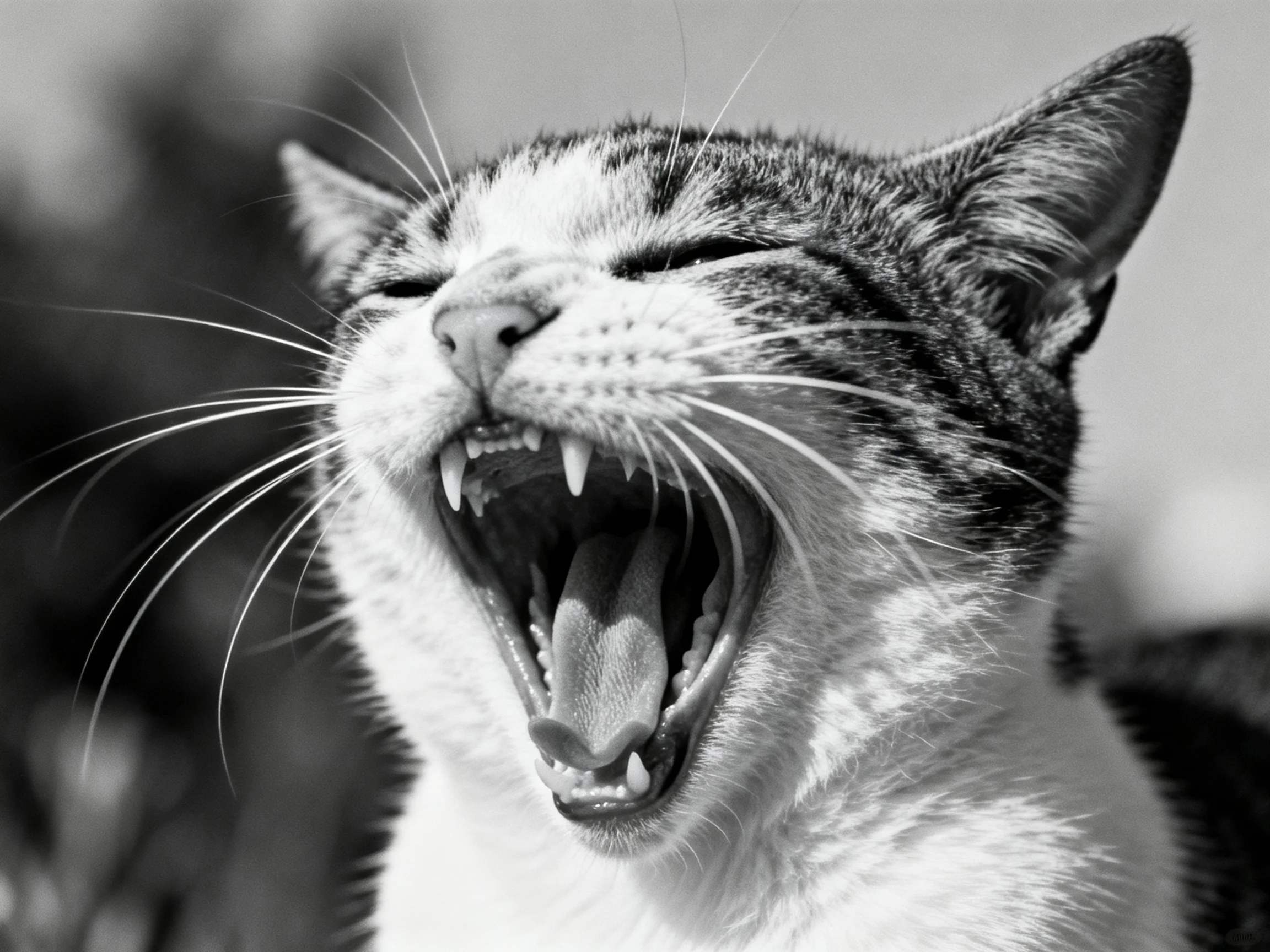 Black and white close - up of a cat yawning with mouth wide open