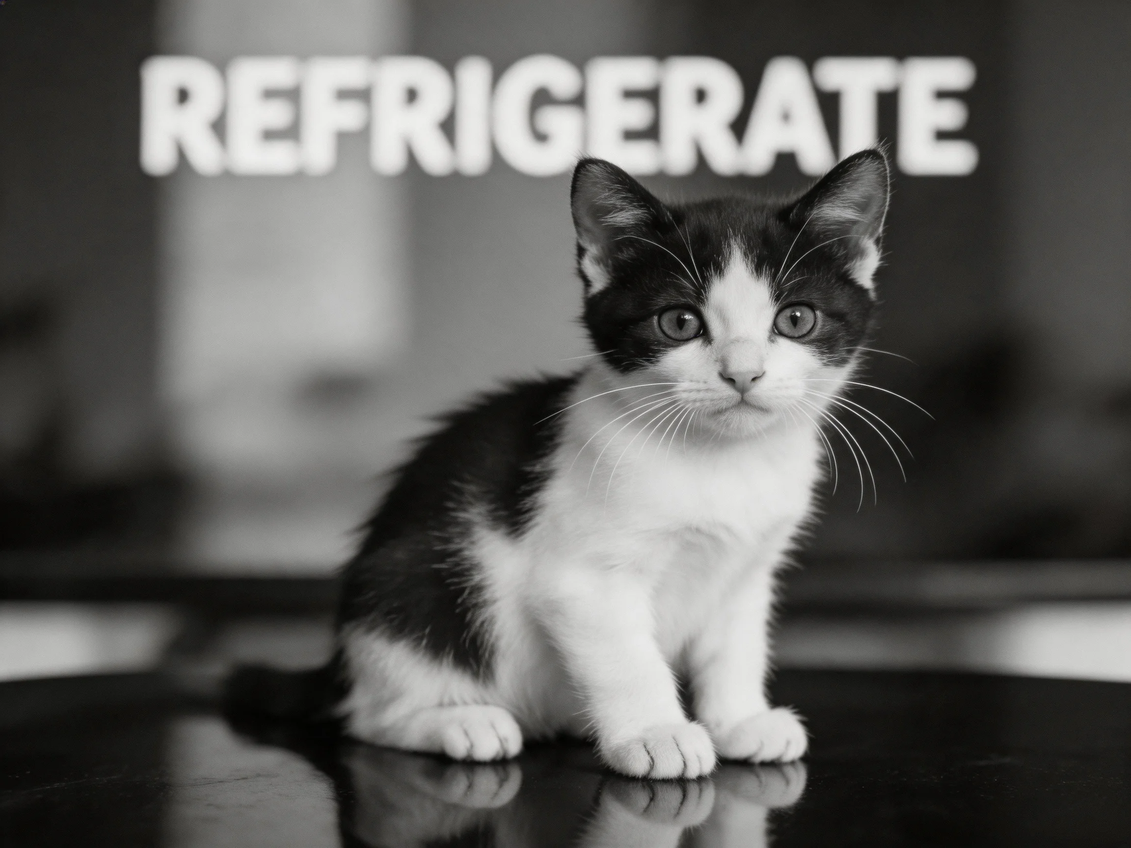 A black and white kitten sits beside large REFRIGERATE text.