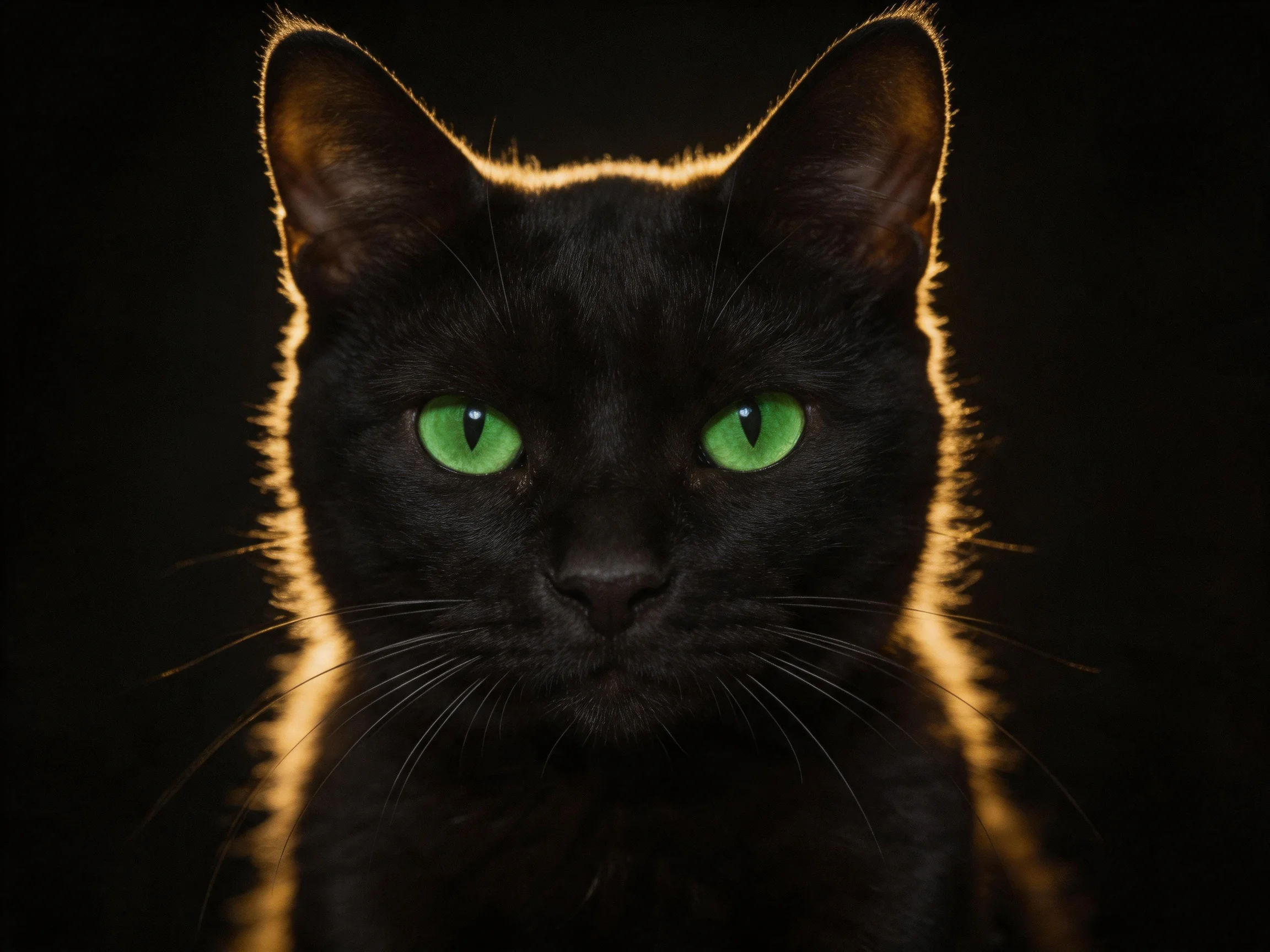 A black cat with green eyes is highlighted by golden lighting on a dark background.