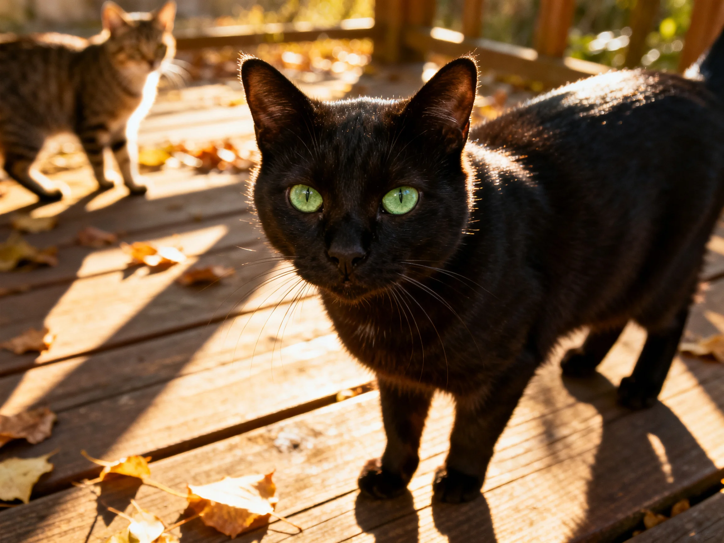 Two cats, one black with green eyes and one tabby, stand on a sunlit wooden deck with fallen leaves.