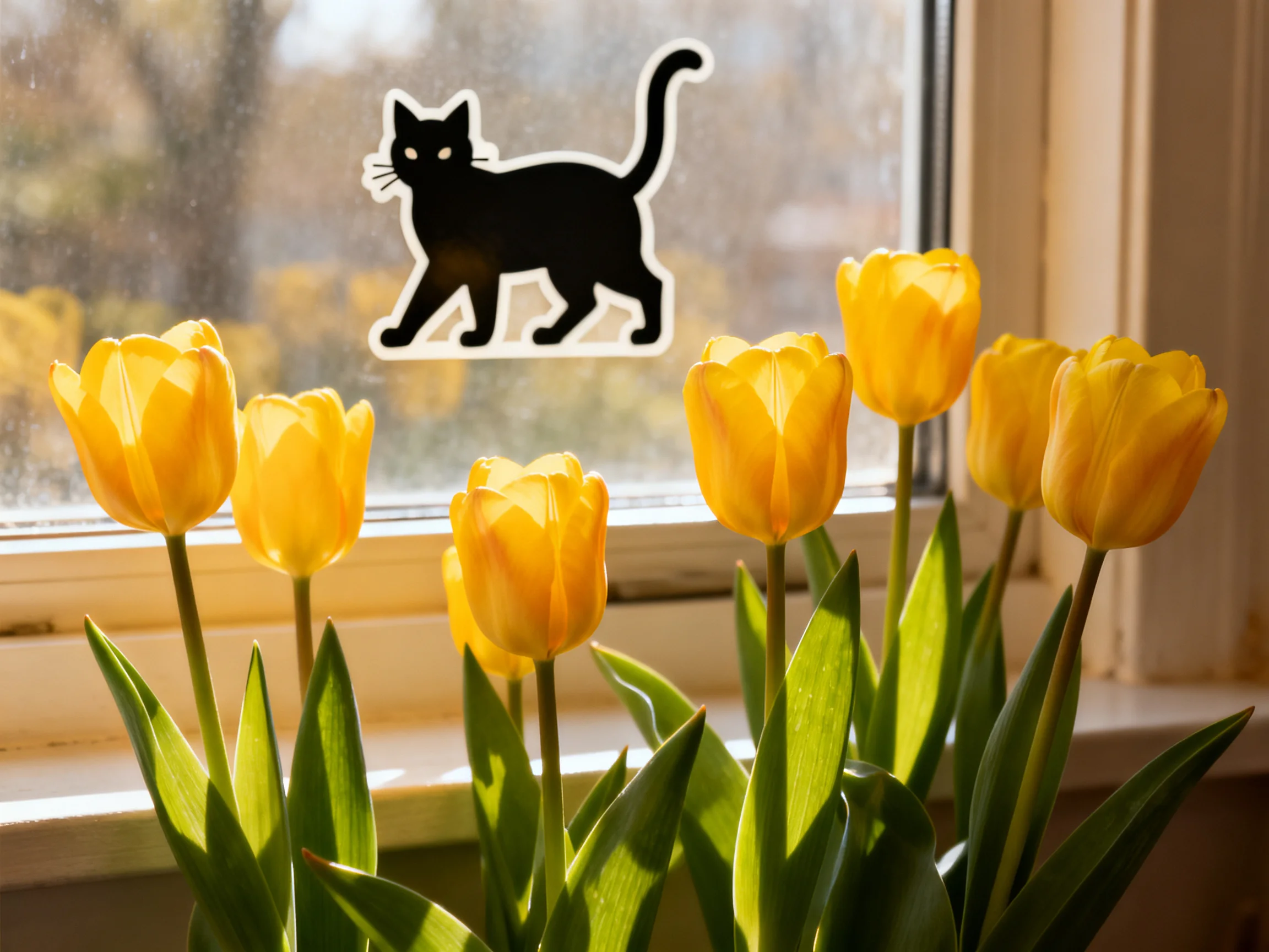 Bright yellow tulips near a window with a black cat decal