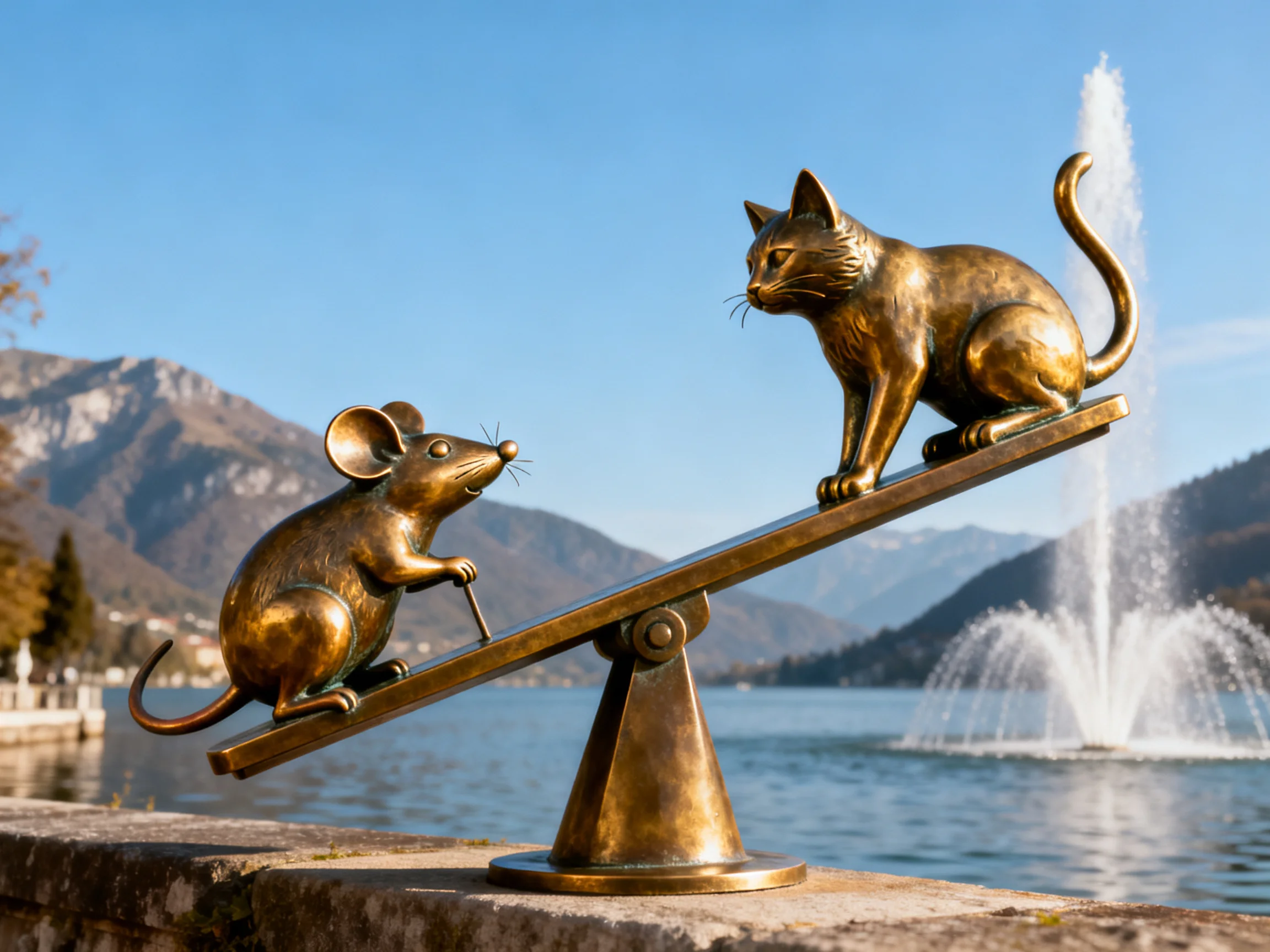 Bronze cat and mouse sculpture balanced on a seesaw by a scenic waterfront