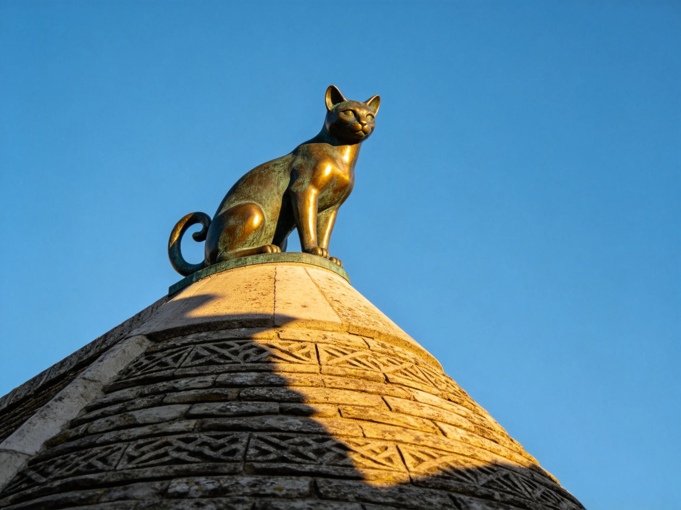 Bronze cat statue atop intricately designed stone pyramid under clear blue sky