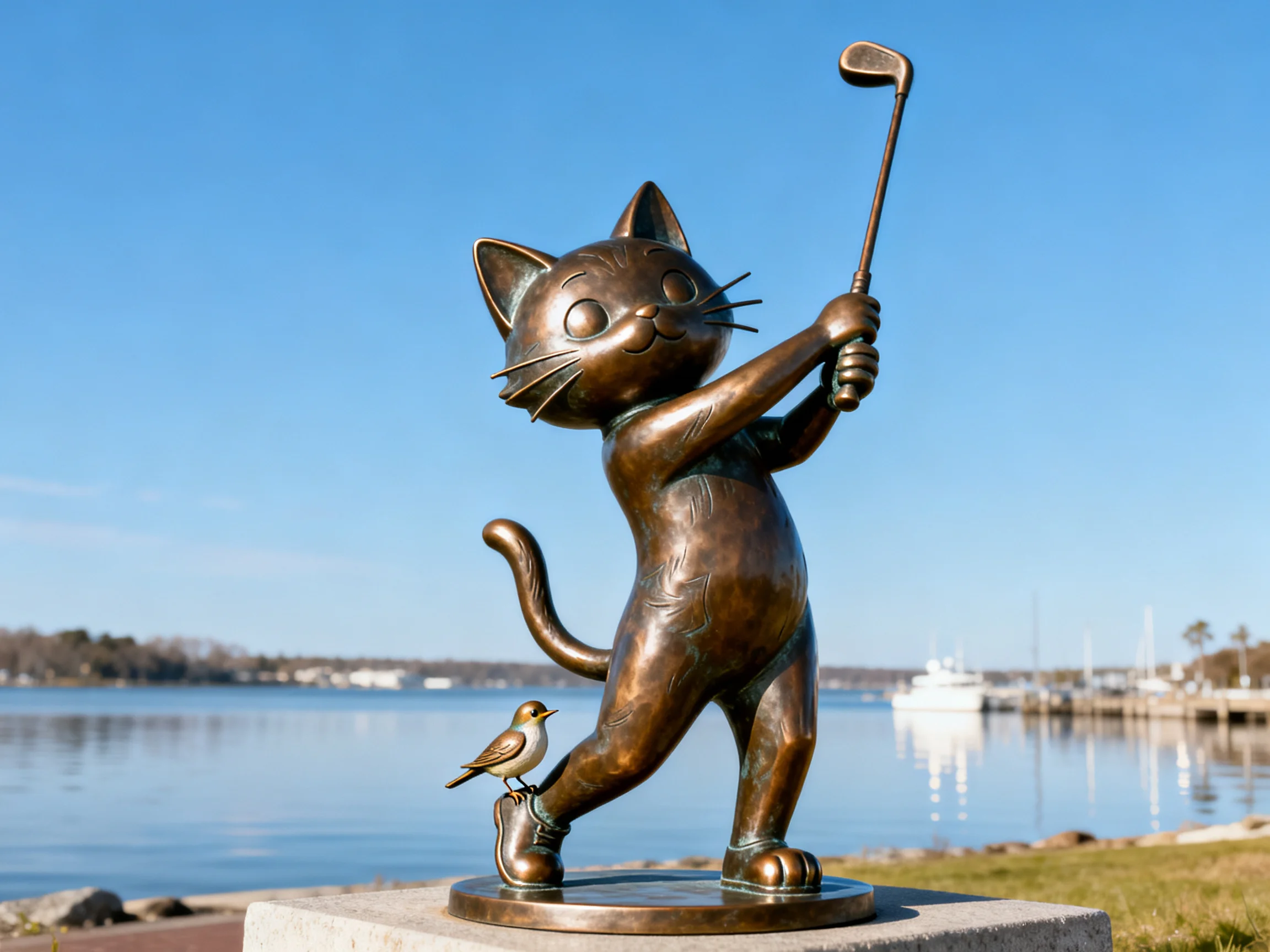 Bronze cat statue playing golf near a serene waterfront
