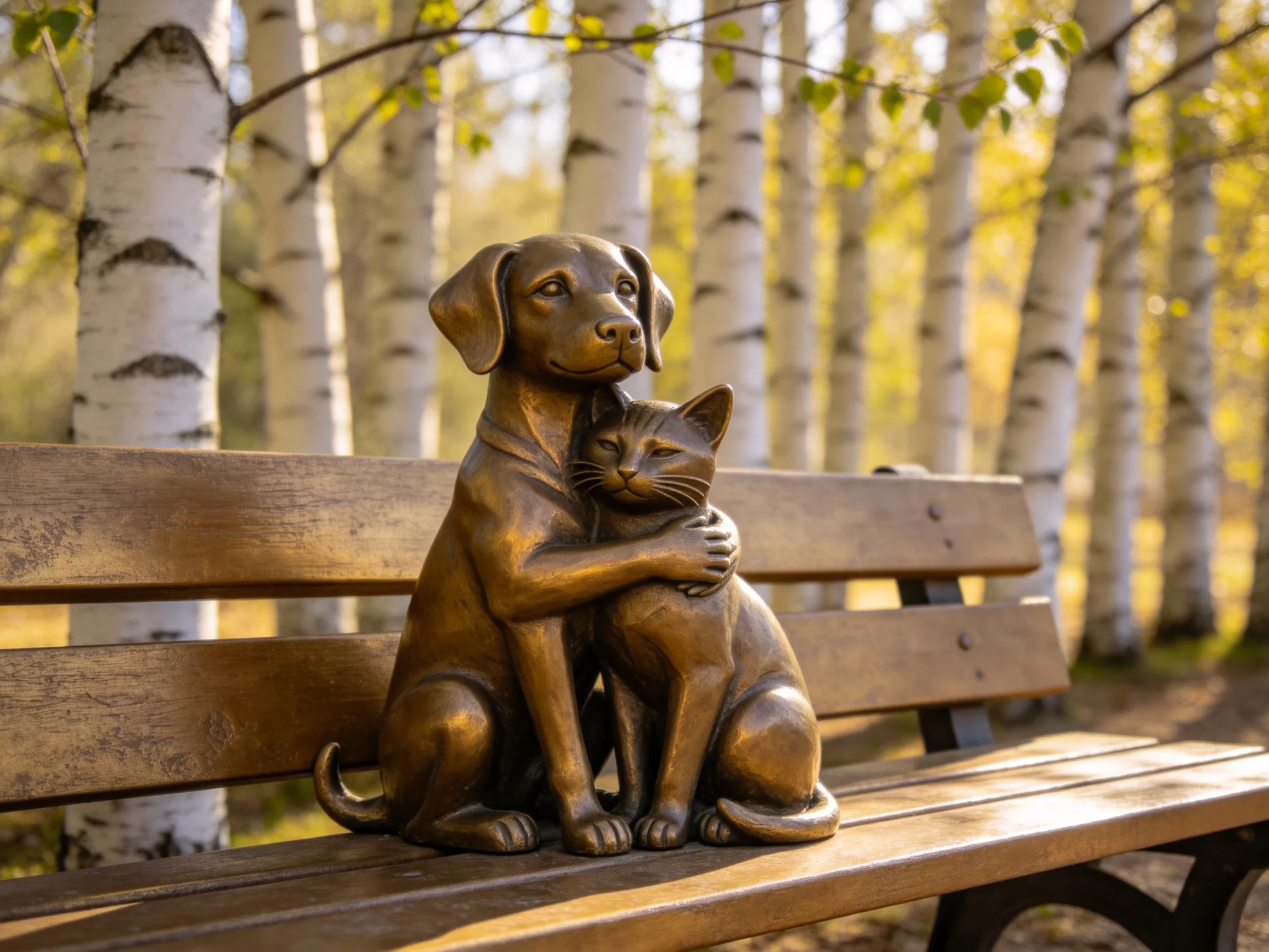 Bronze dog and cat statues embrace on a wooden park bench