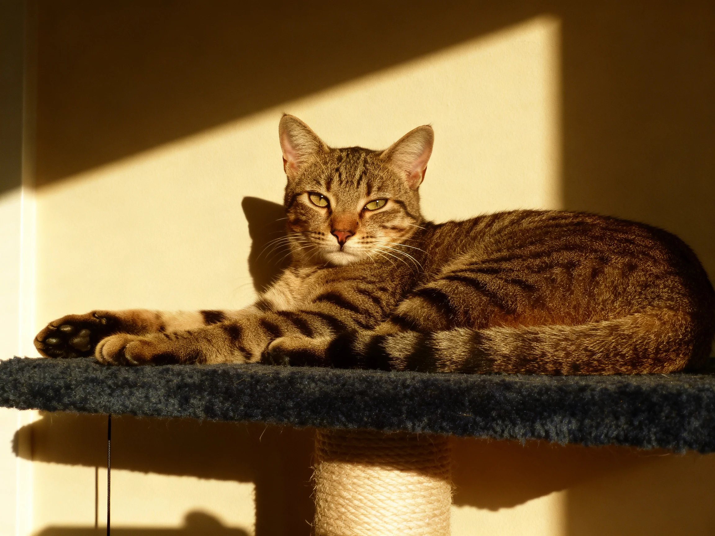 Brown tabby cat lounging on dark platform near beige wall