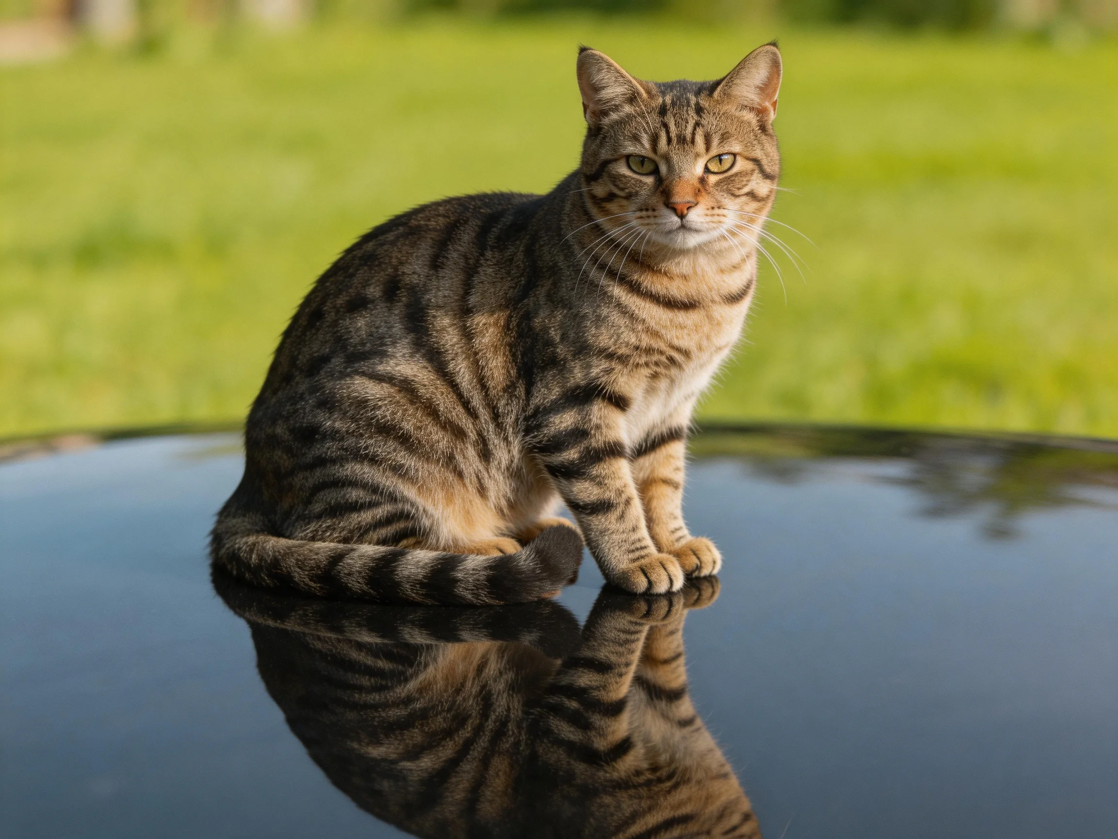 Brown tabby cat sitting on glossy black outdoor surface