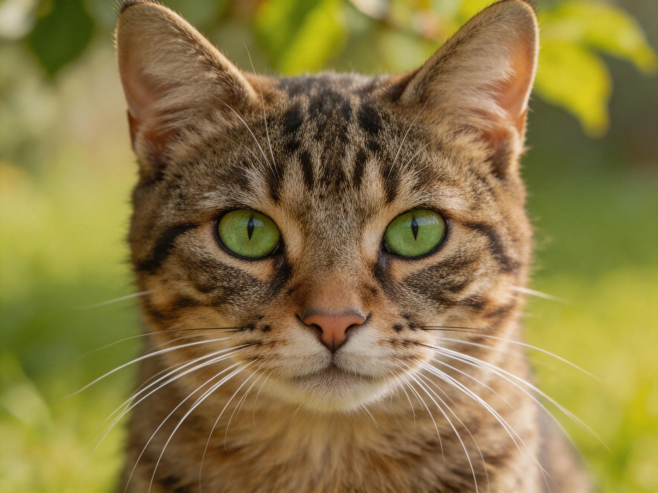 Brown tabby cat with green eyes gazes directly into the camera outdoors.
