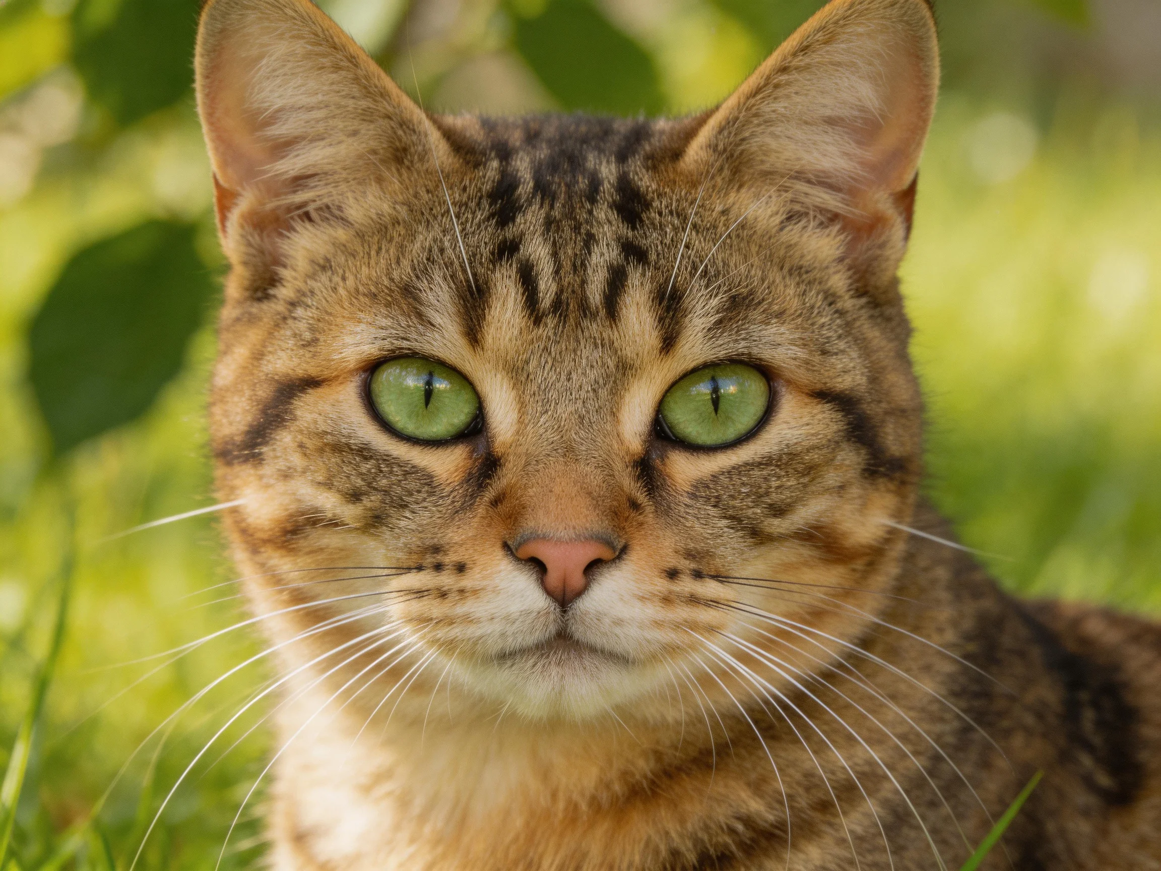 A brown tabby cat with green eyes is near green foliage.