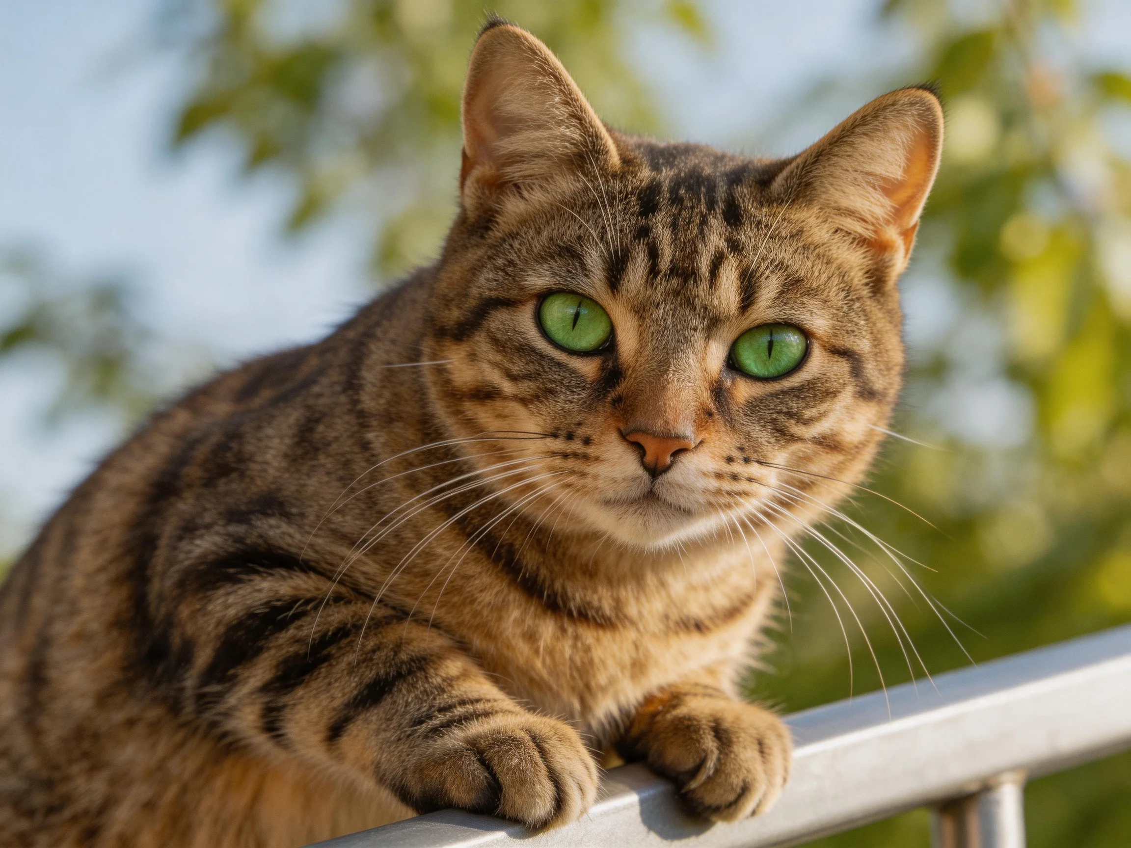Tabby cat with green eyes rests on metal railing outdoors