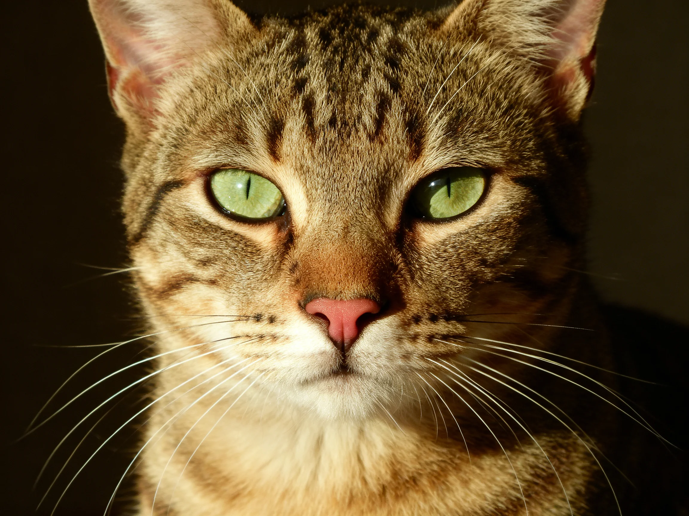 Close - up of a brown tabby cat with green eyes against a dark setting.