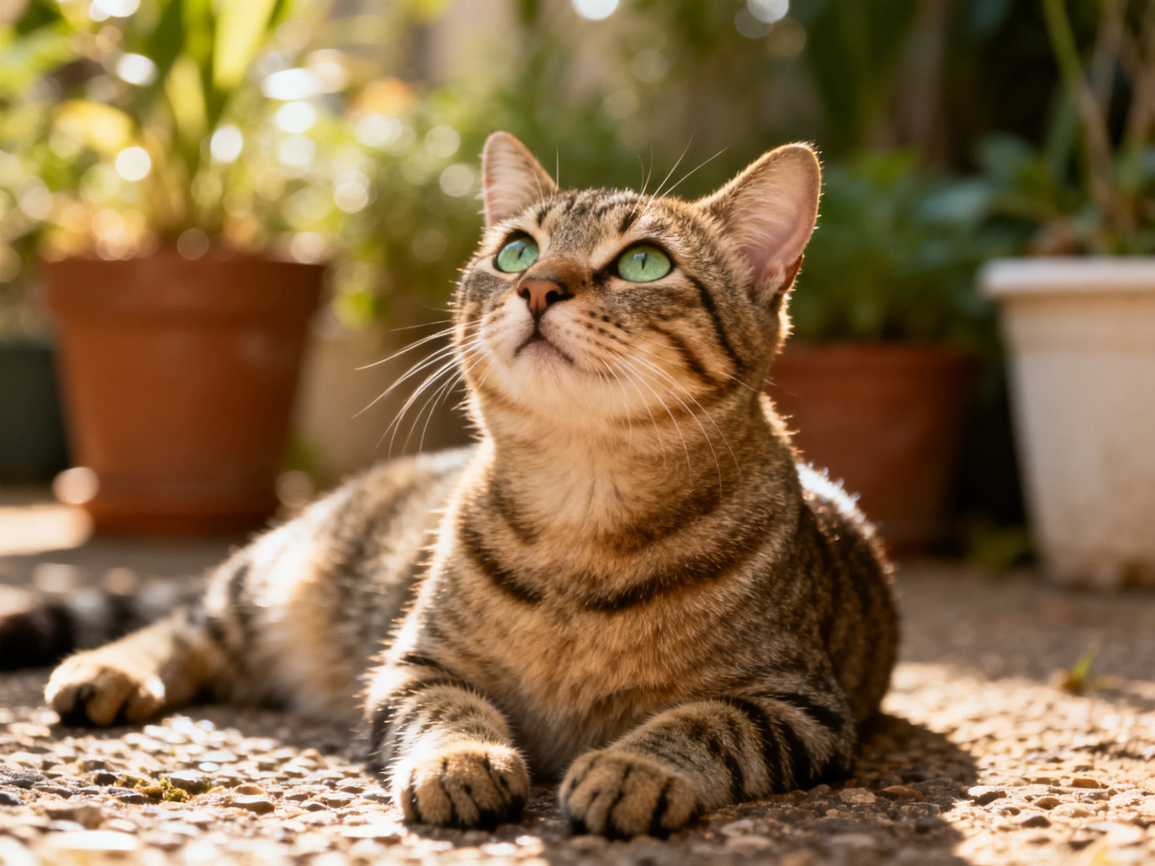 A brown tabby cat with green eyes relaxes near potted plants in sunlight.