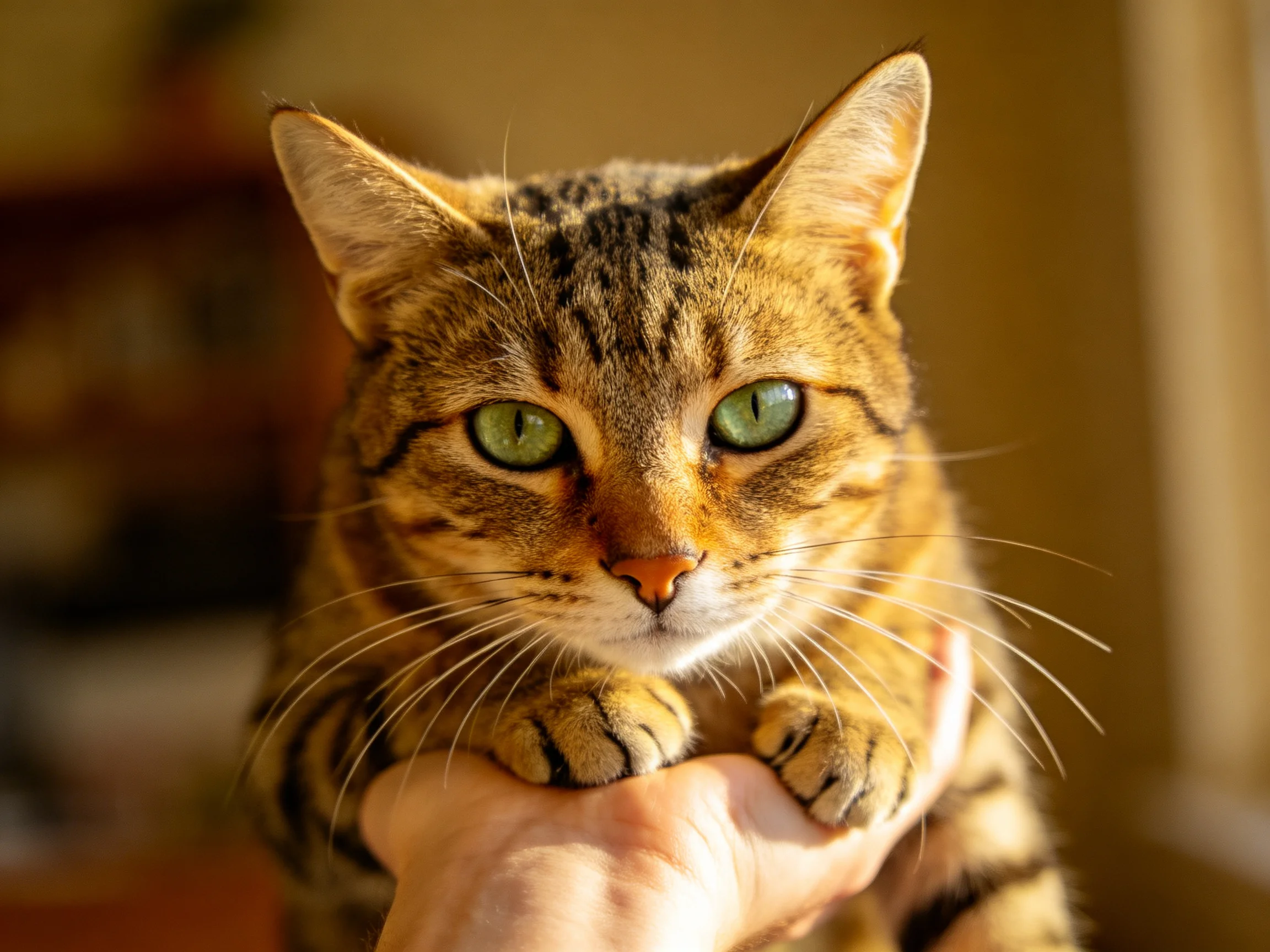 A brown tabby cat with green eyes sits calmly on a person’s hand.