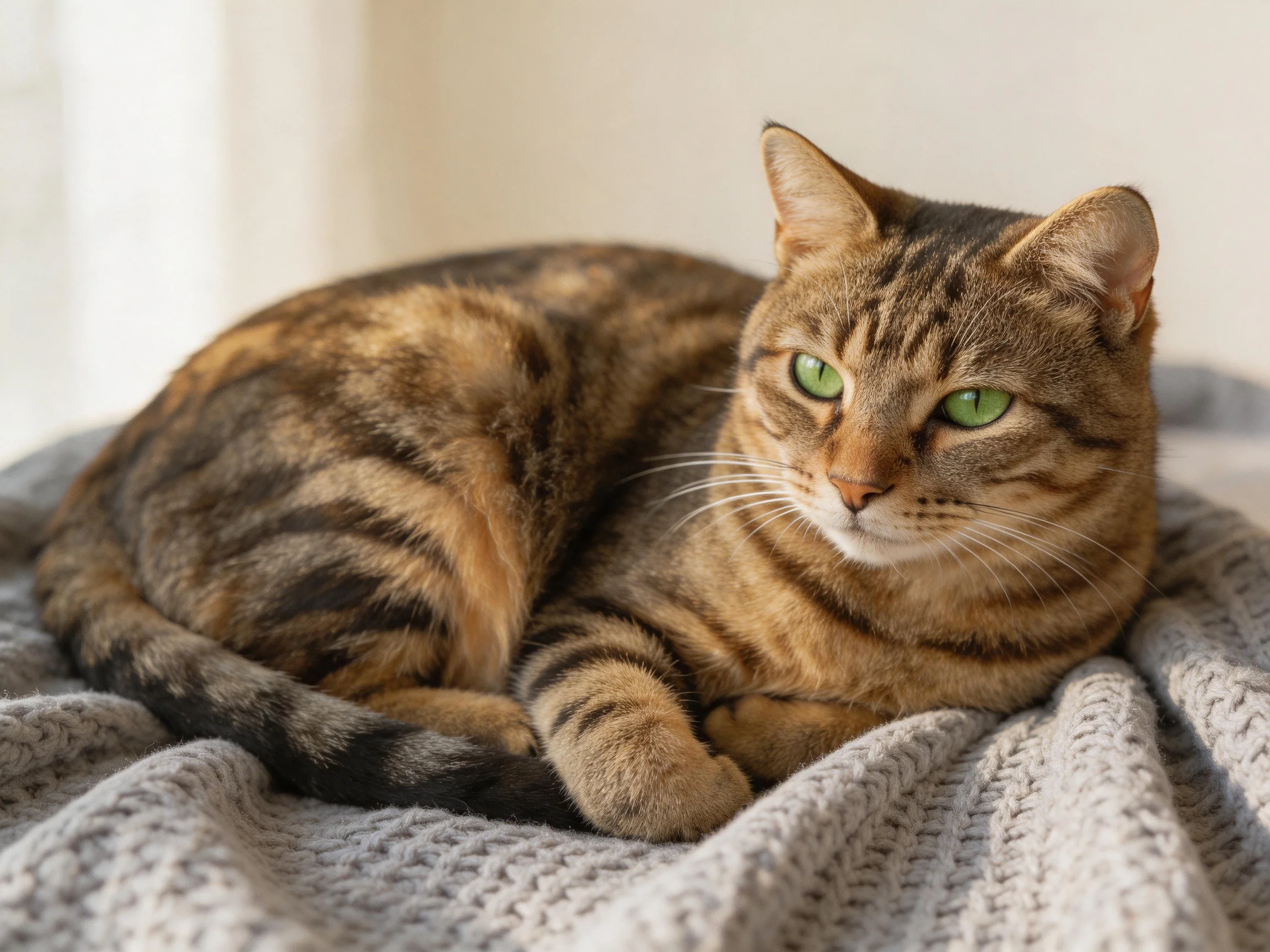 A brown tabby cat with green eyes relaxes on a gray blanket.