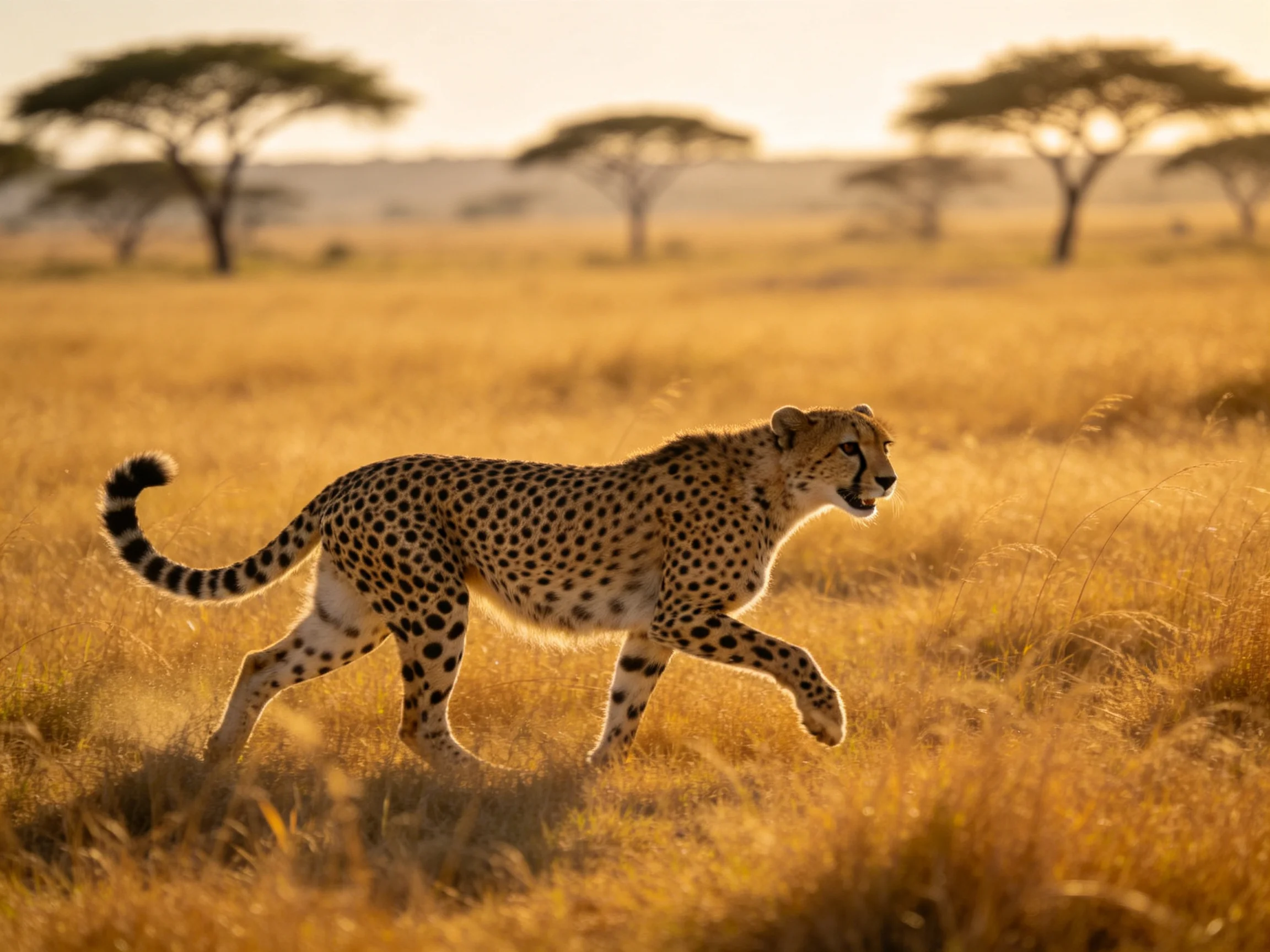 Cheetah sprinting through golden savannah with scattered acacia trees