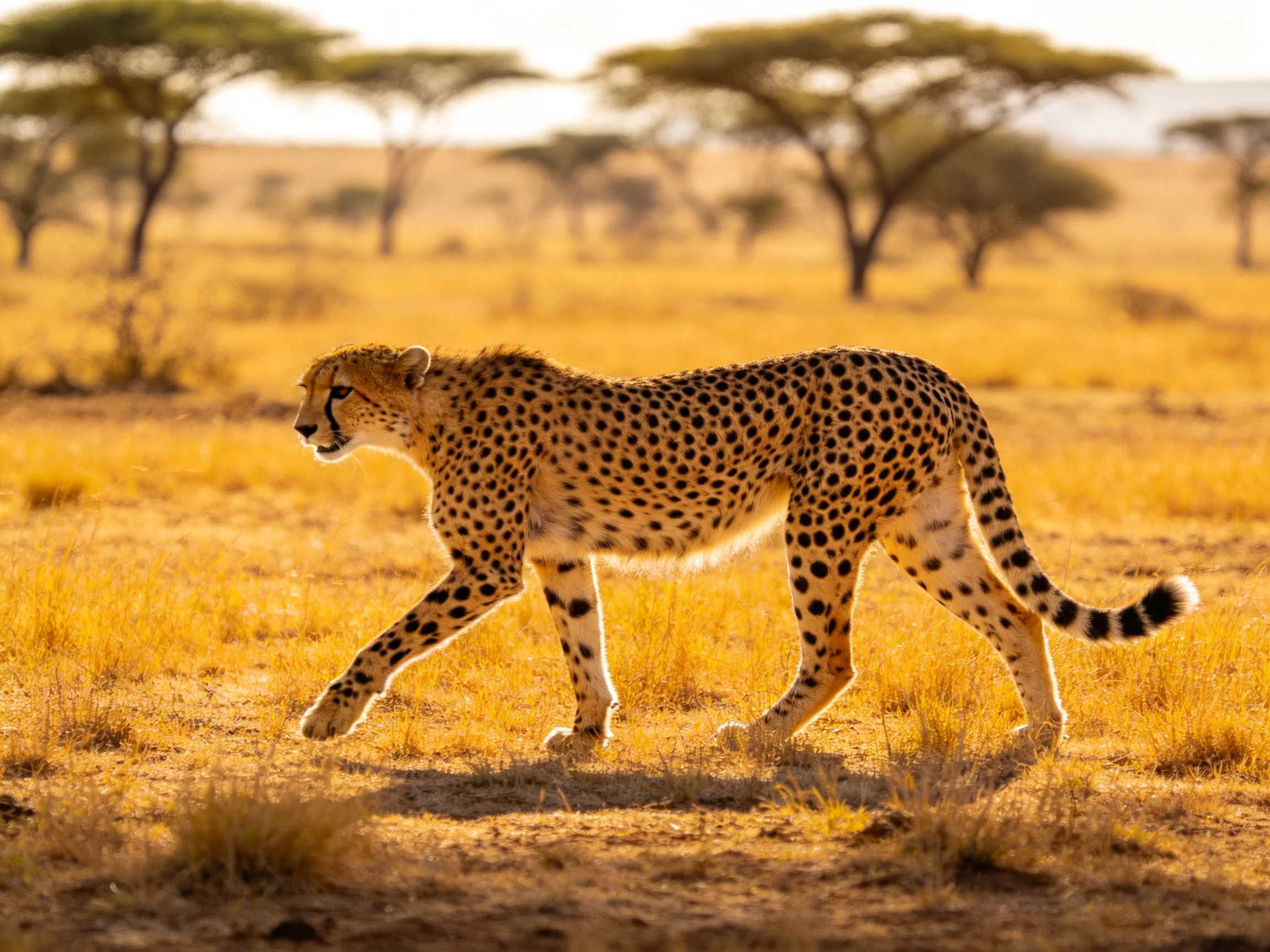 Cheetah walks across golden savannah with acacia trees