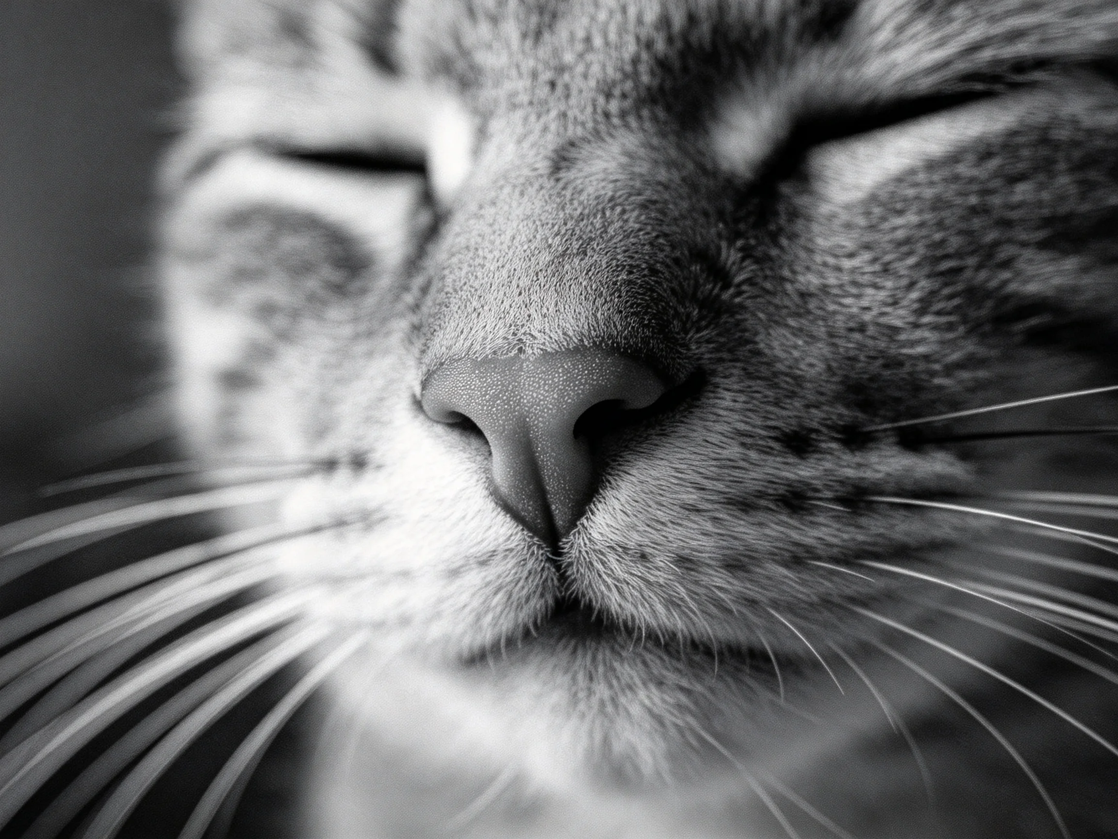 A close - up black - and - white image shows a cat’s peaceful facial features.