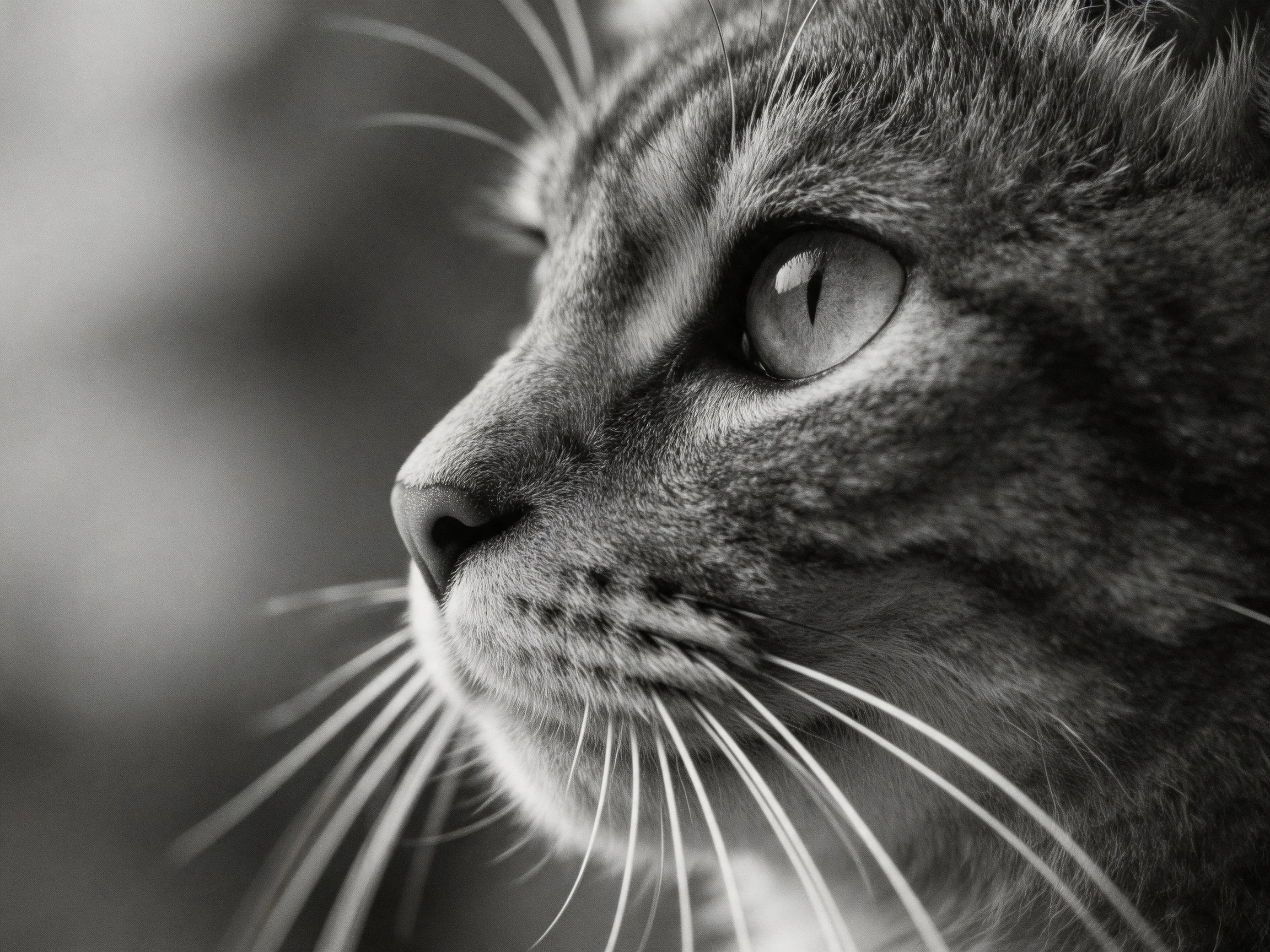 Close - up black - and - white shot of a tabby cat with prominent whiskers