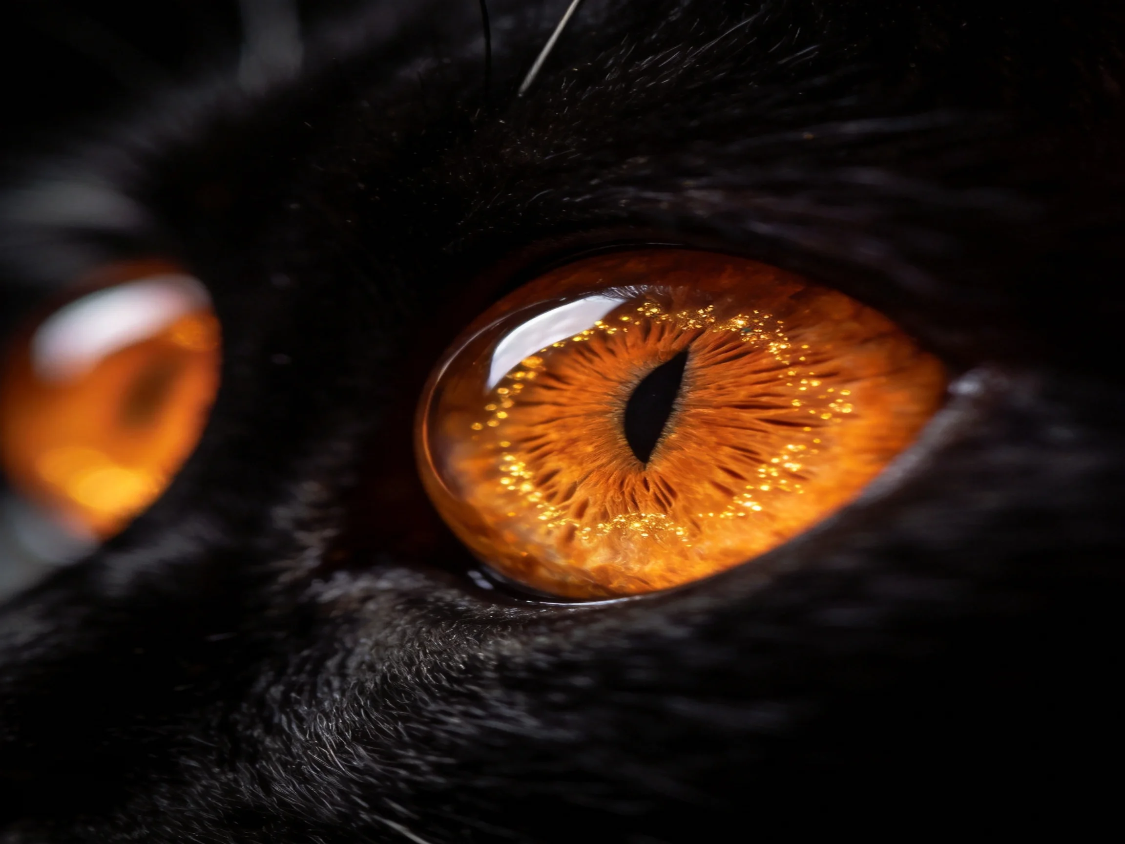 Close - up of a black cat’s vibrant amber eye with dark fur