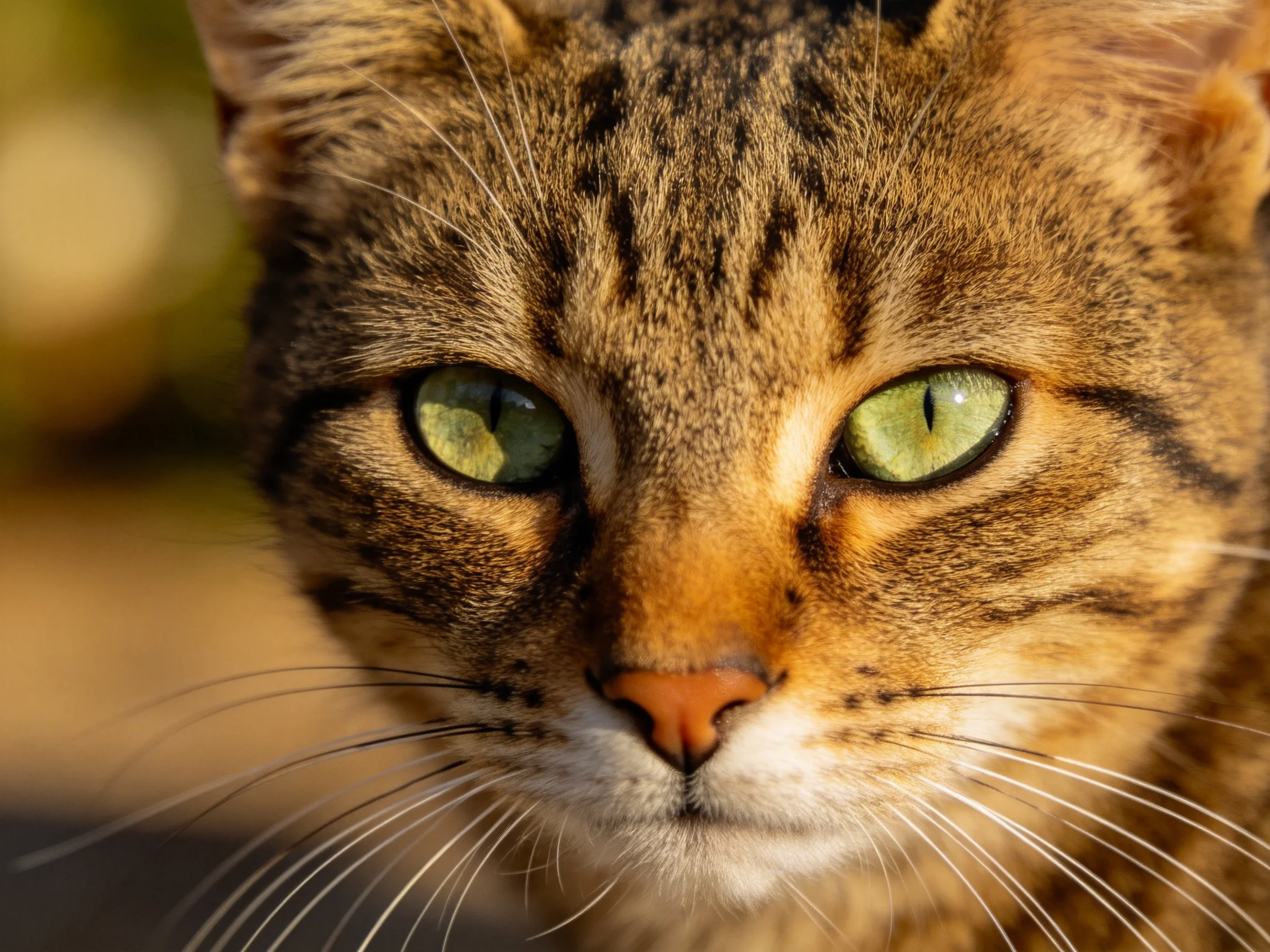 A close - up of a tabby cat with green eyes.