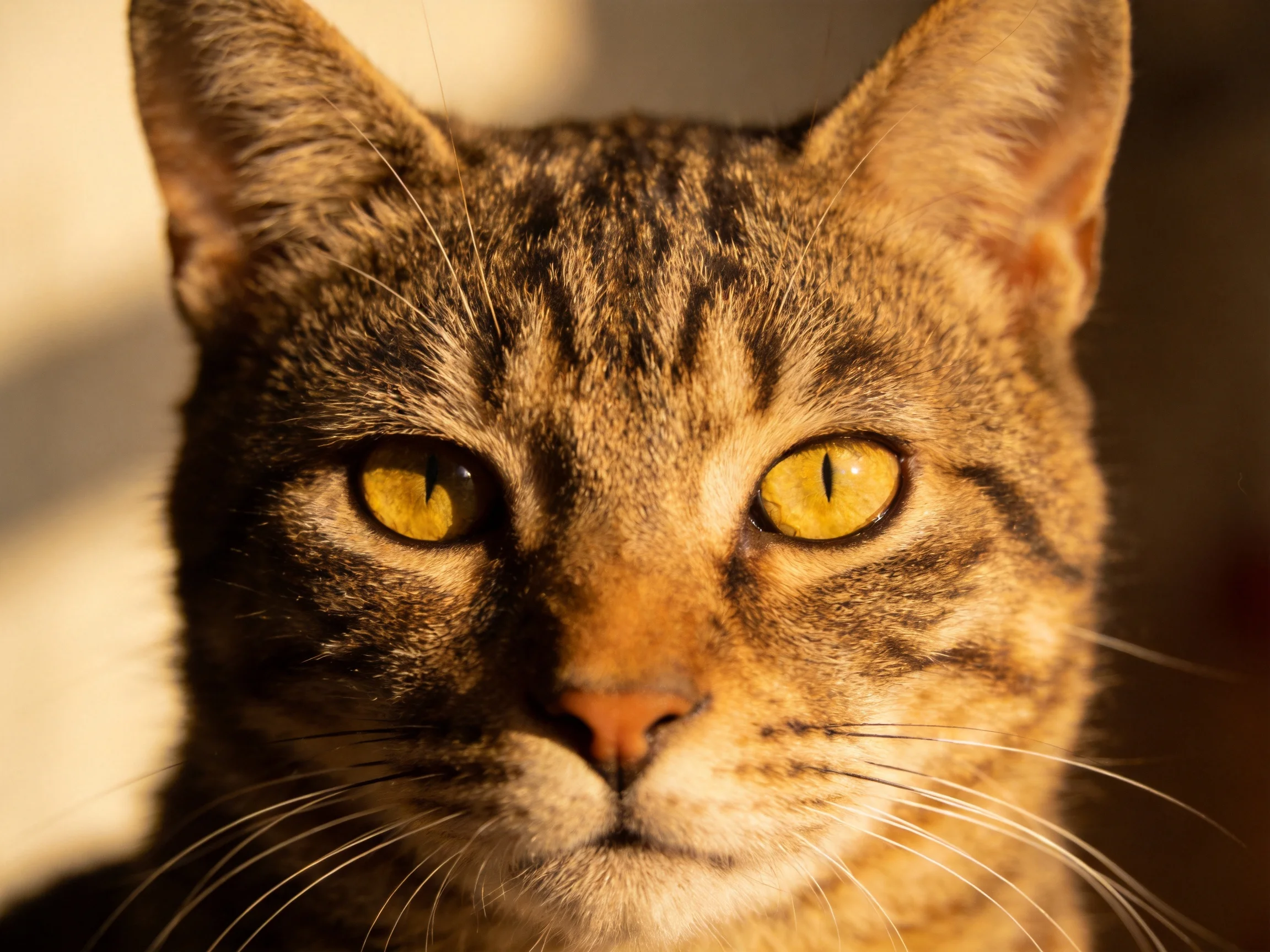 A brown tabby cat with vivid yellow eyes is captured in a close - up.