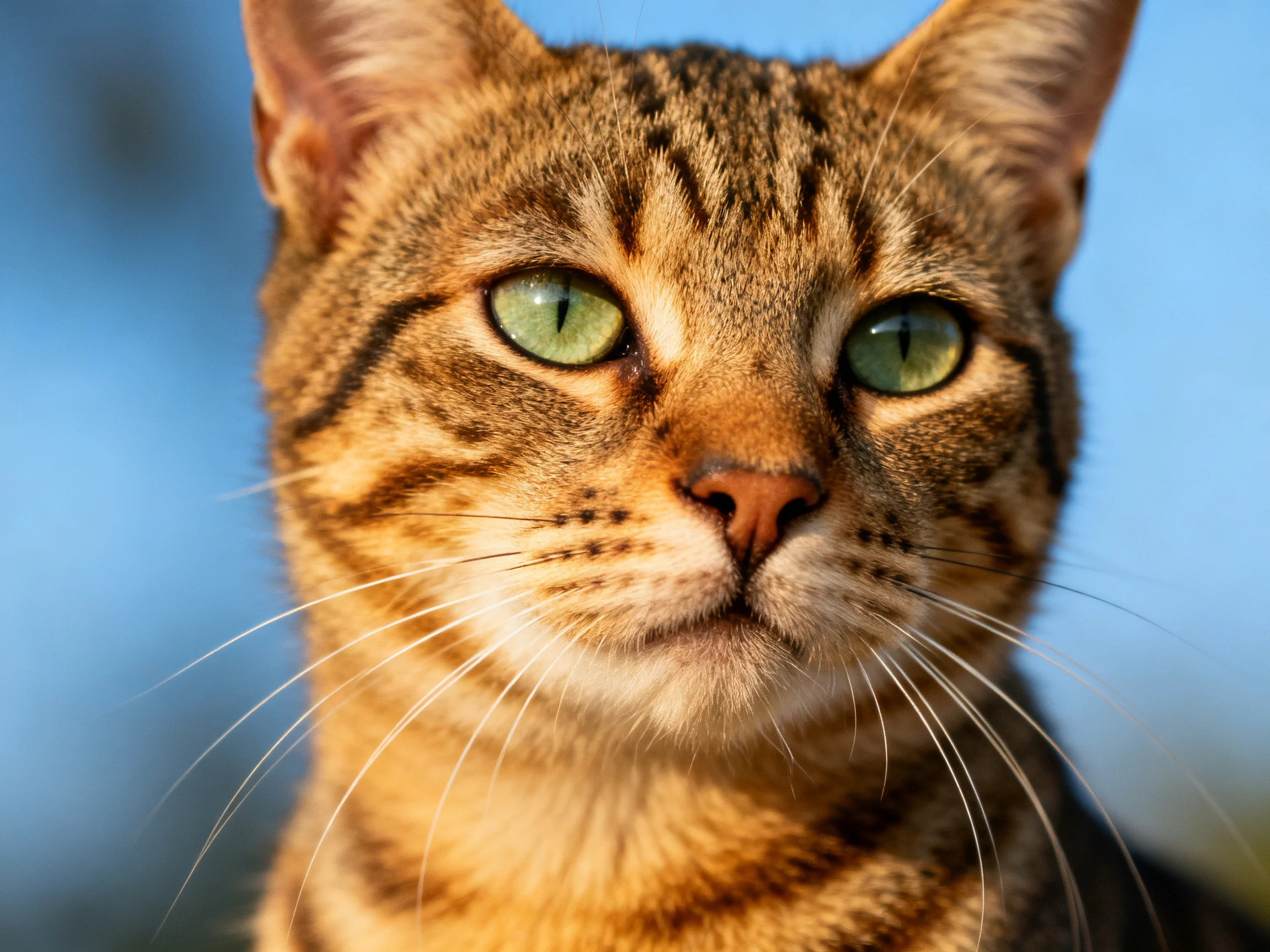 Close - up of a brown tabby cat with vivid green eyes