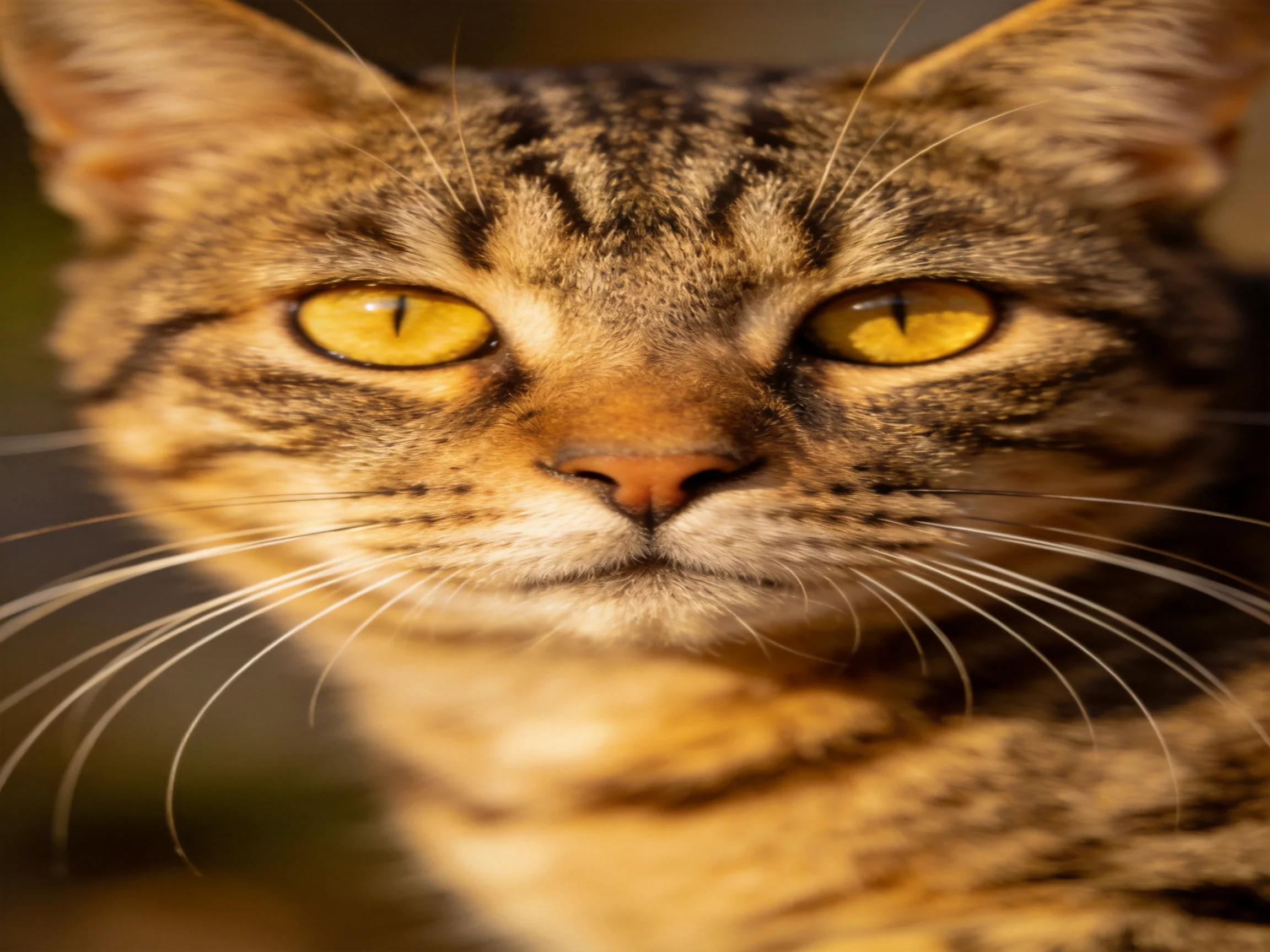 A brown tabby cat with yellow eyes is shown in a close - up photograph.