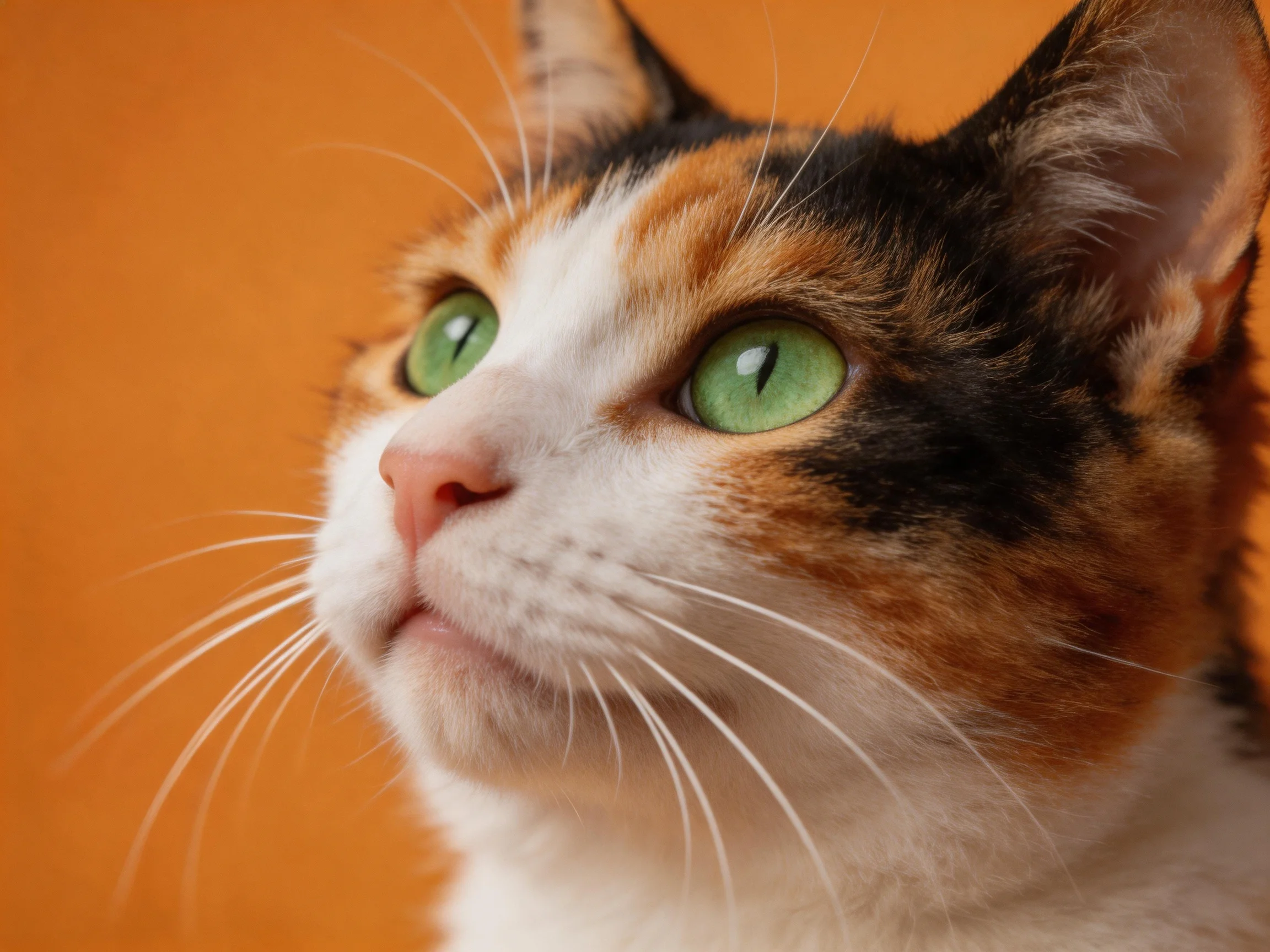 A calico cat with green eyes looks upward against an orange background.