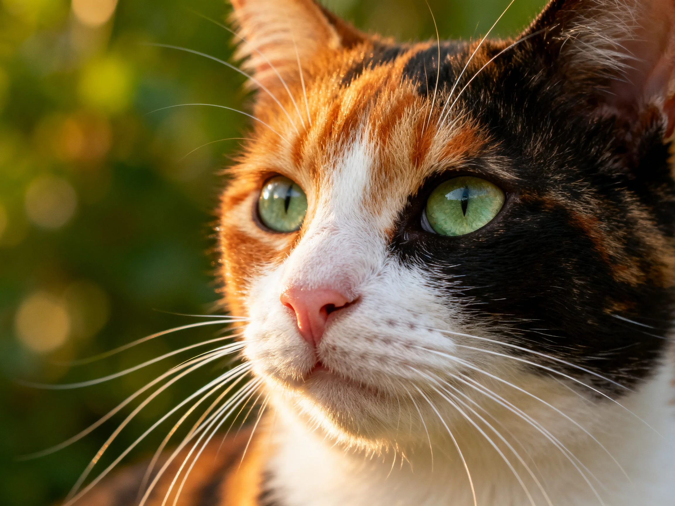 A calico cat with green eyes gazes attentively outdoors.