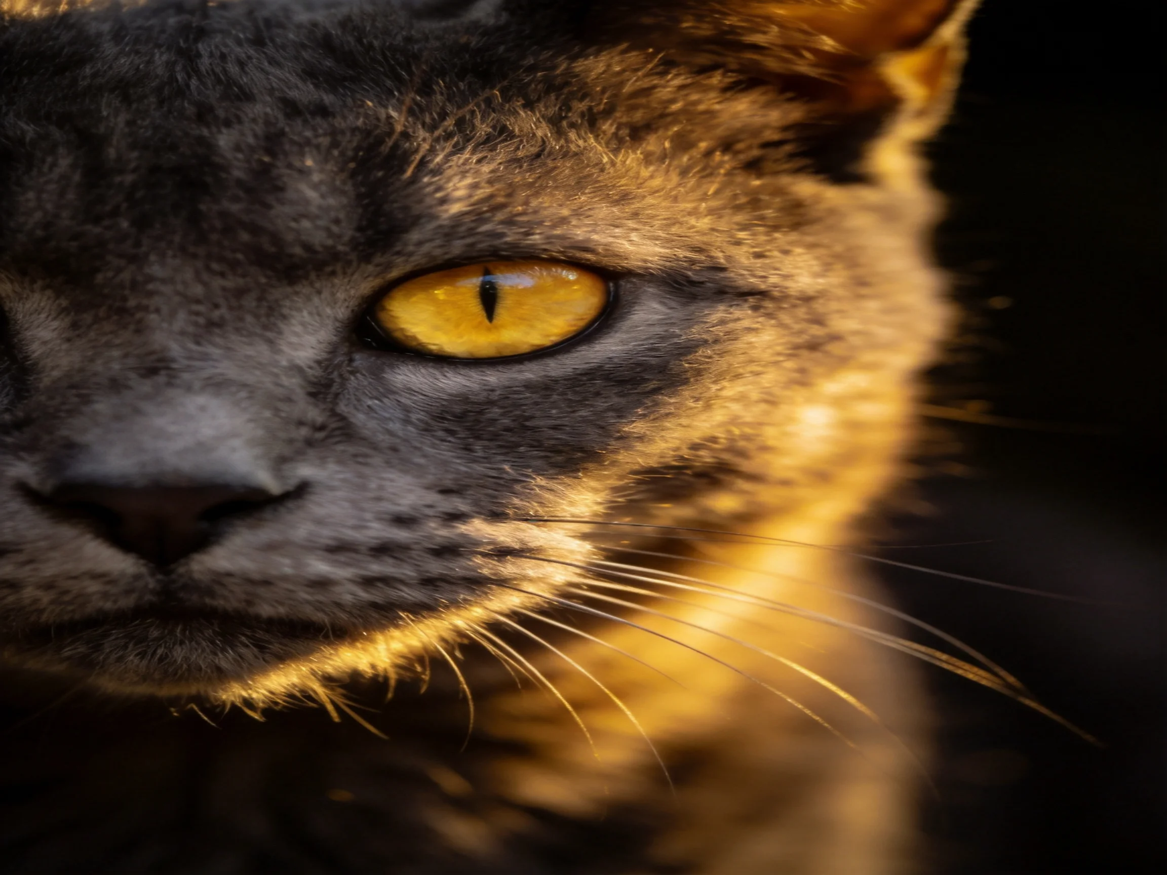 A cat with a bright yellow eye and dark fur is shown in a close - up.