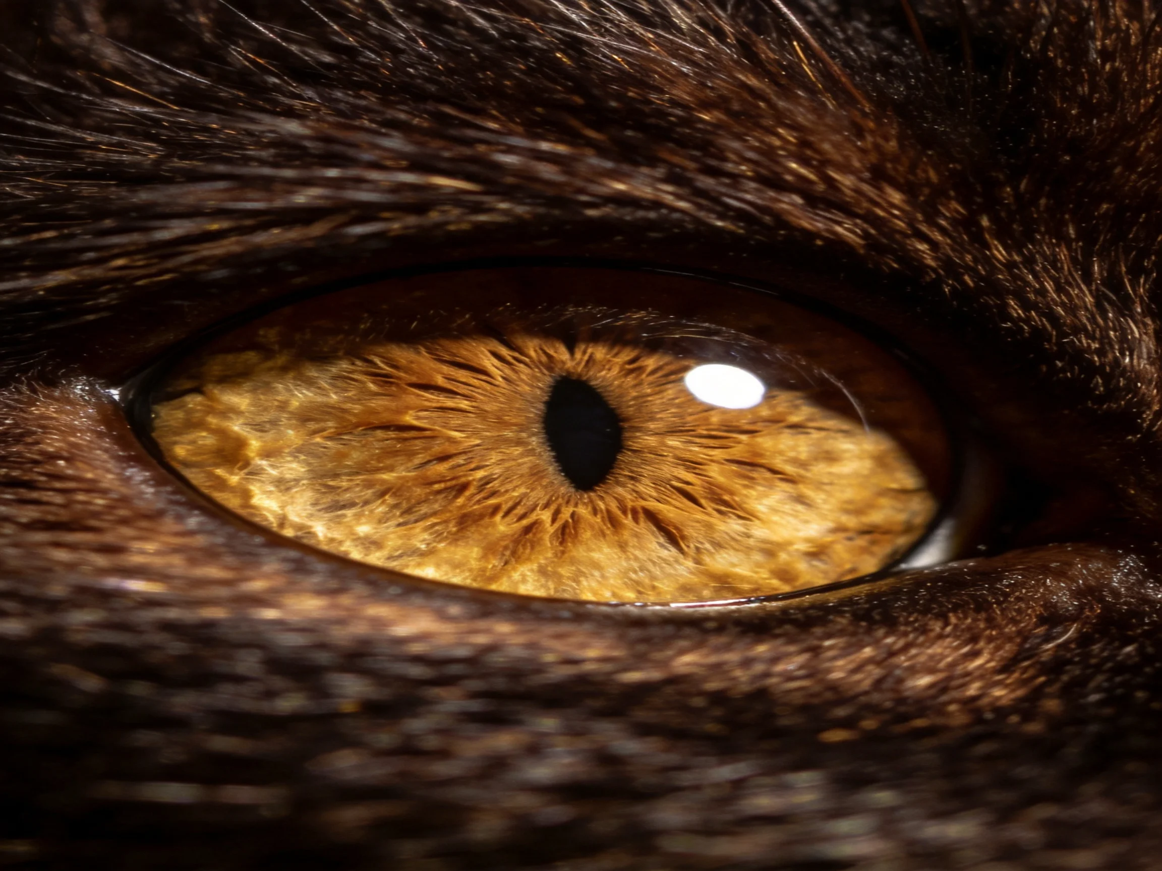 Close - up of a cat’s amber eye with dark brown fur framing