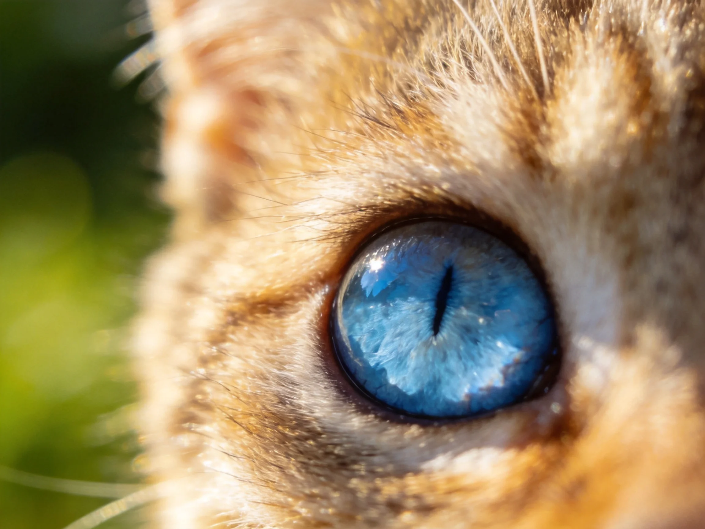 A cat’s vivid blue eye contrasts with its orange - brown fur